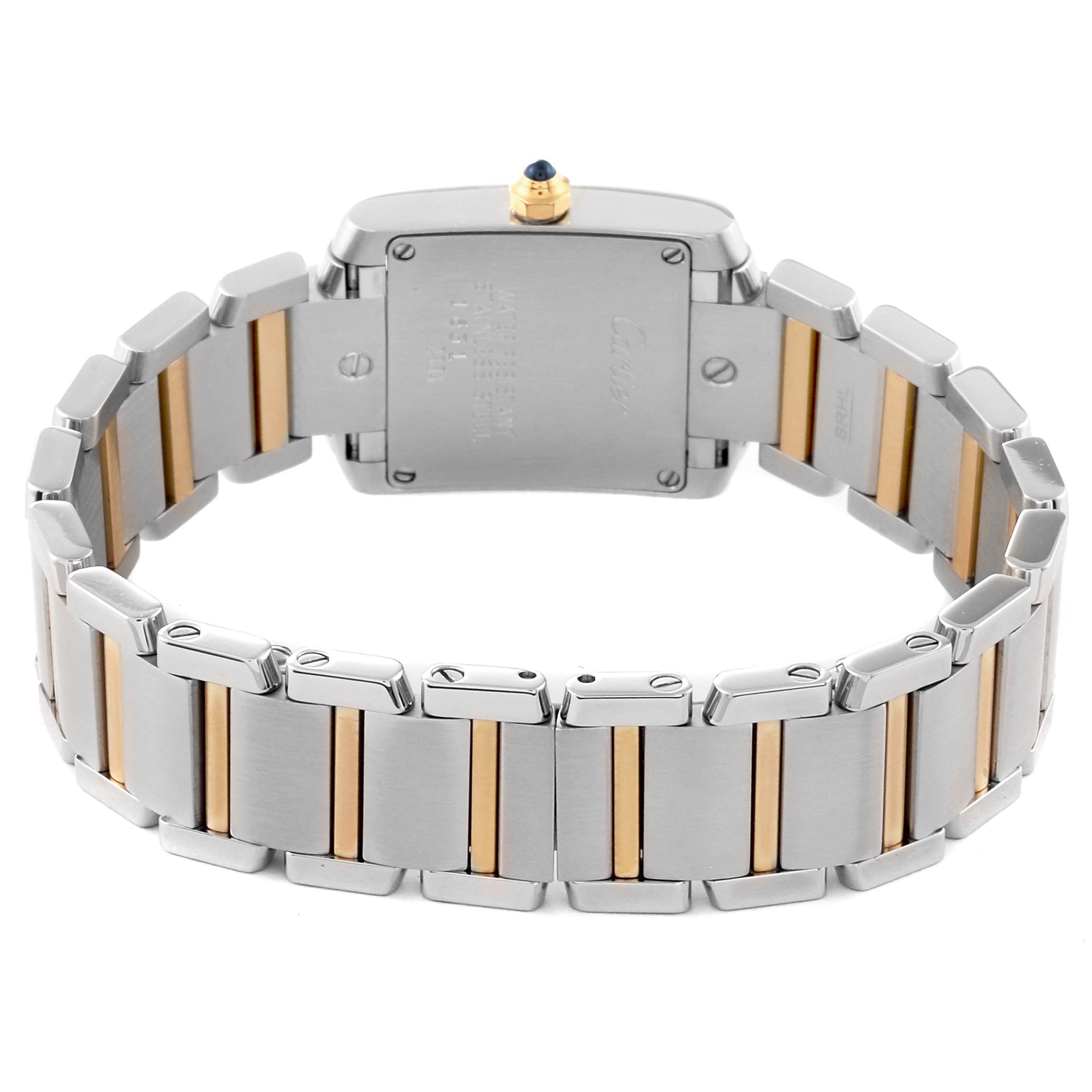This image shows the back view of a Cartier Tank Francaise W51007Q4 Women's Steel and Gold (two tone) Silver Dial W51007Q4 Women's Steel and Gold (two tone) Silver Dial watch with its two-tone metal bracelet.