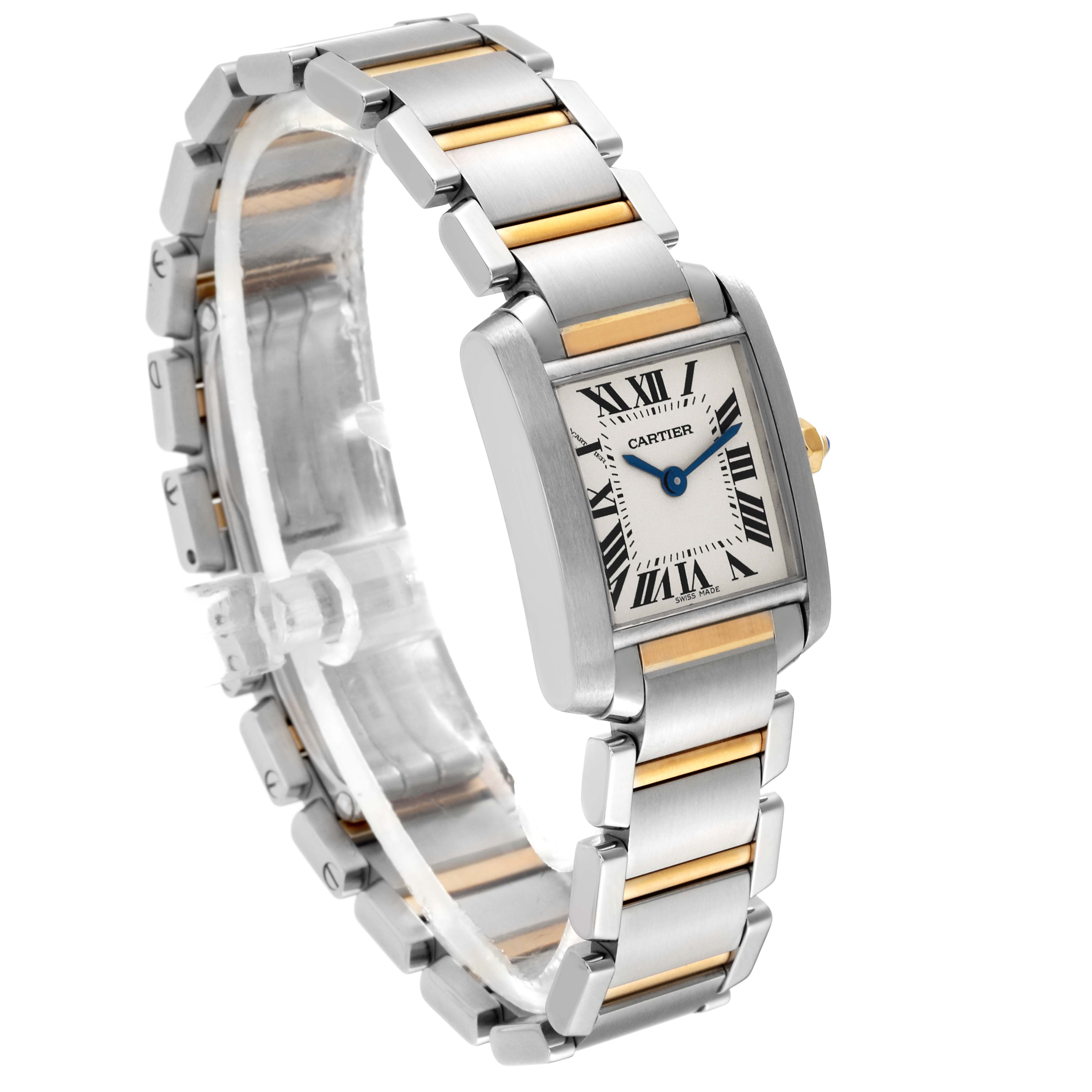 The image shows a three-quarter angle view of a Cartier Tank Française watch, highlighting its bracelet and rectangular face with Roman numerals.
