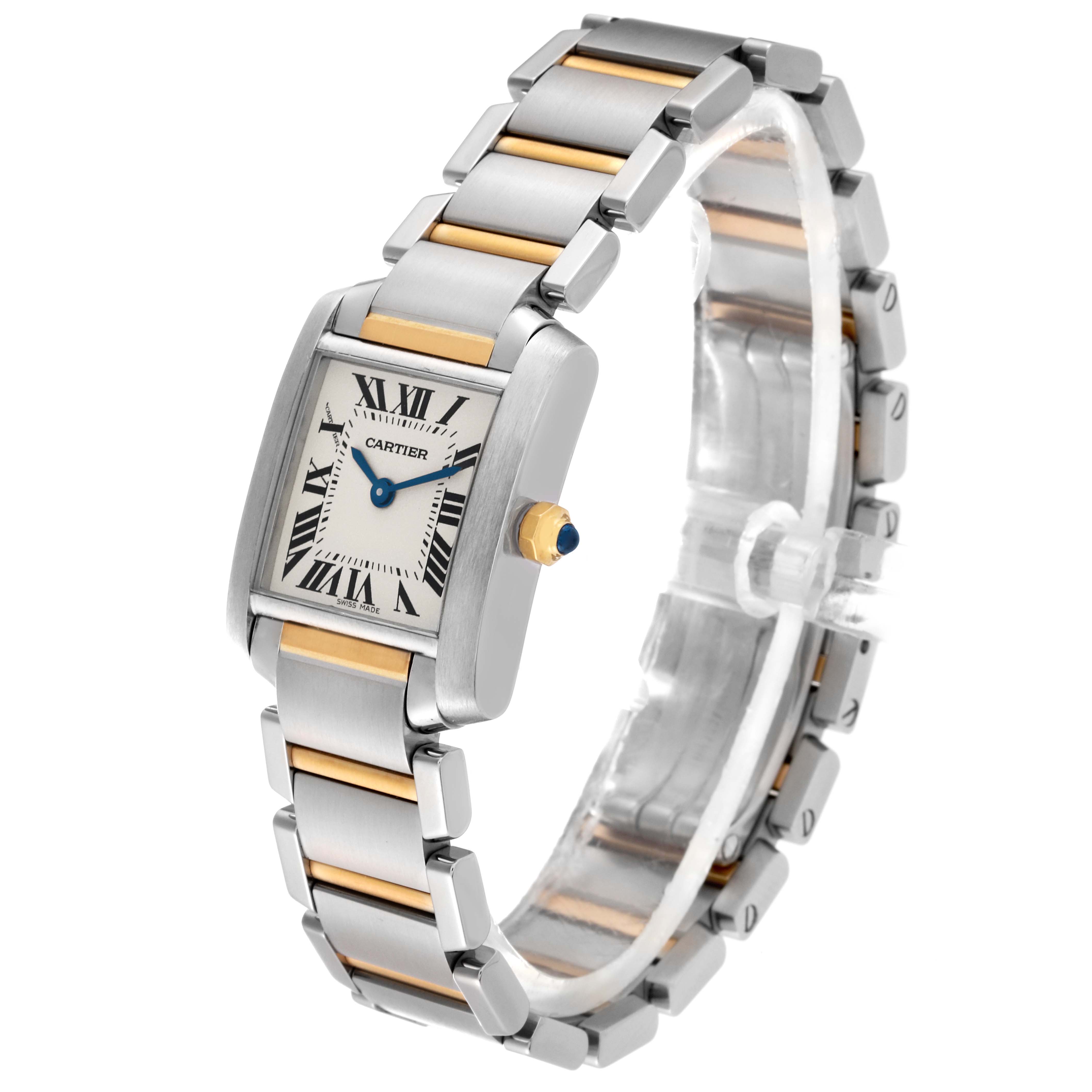 The Cartier Tank Française watch is shown at a three-quarter angle, displaying its rectangular face, bracelet, and crown.