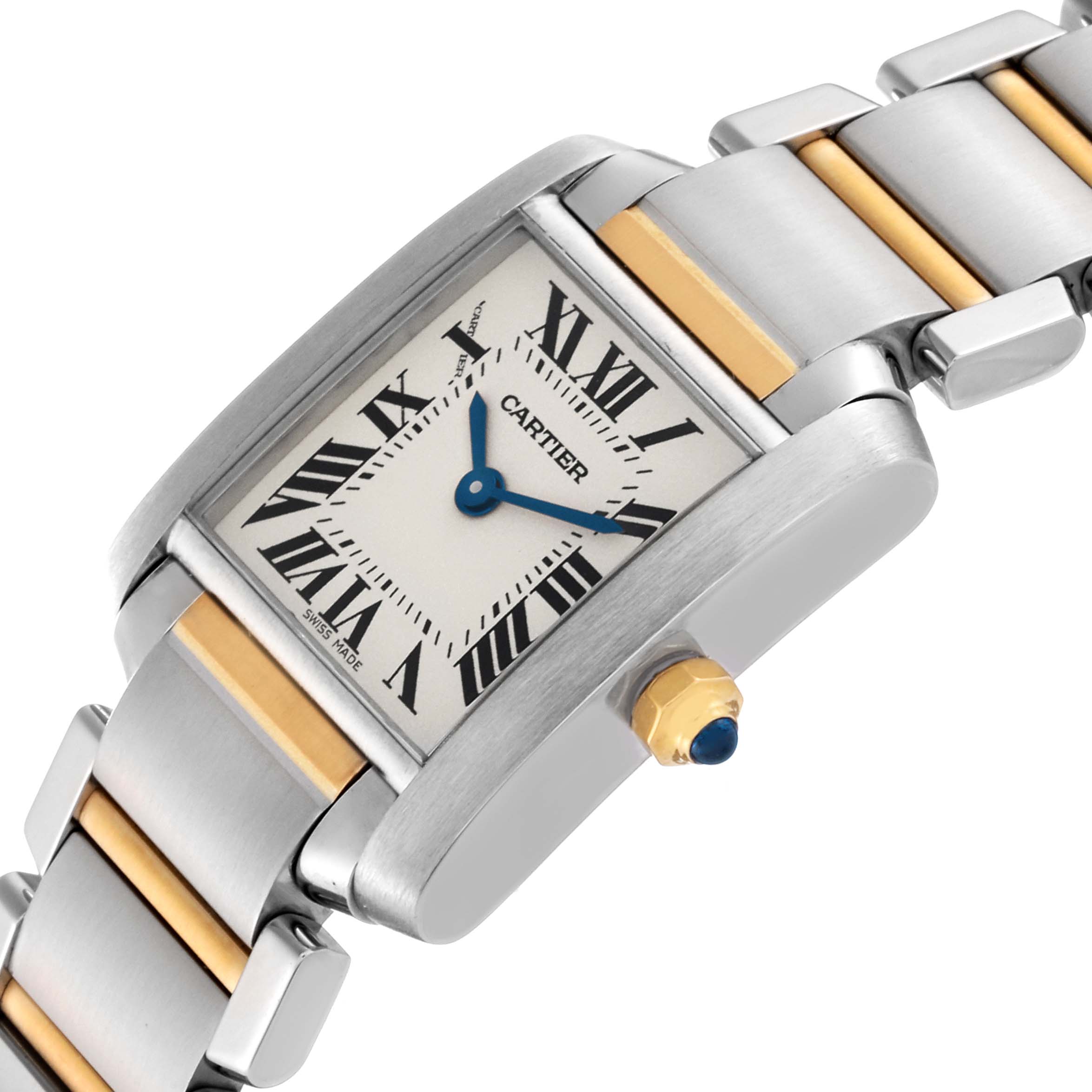 The image shows a close-up angled view of the Cartier Tank Francaise W51007Q4 Women's Steel and Gold (two tone) Silver Dial W51007Q4 Women's Steel and Gold (two tone) Silver Dial watch, displaying the face, bracelet, and crown.