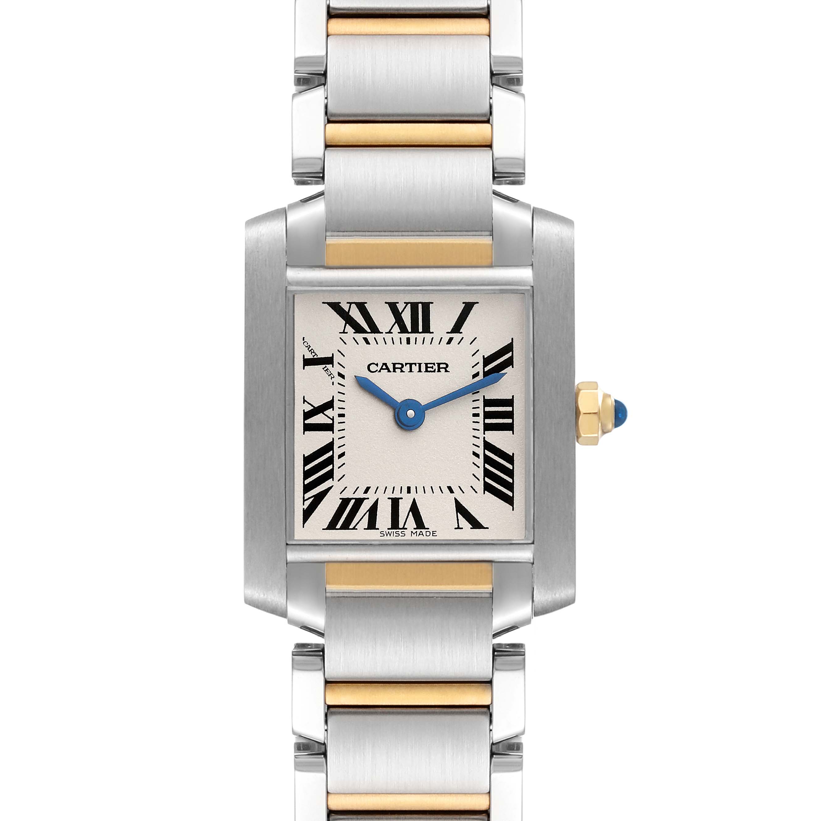 This is a front view of the Tank Française by Cartier, showing the face, bracelet, and crown.