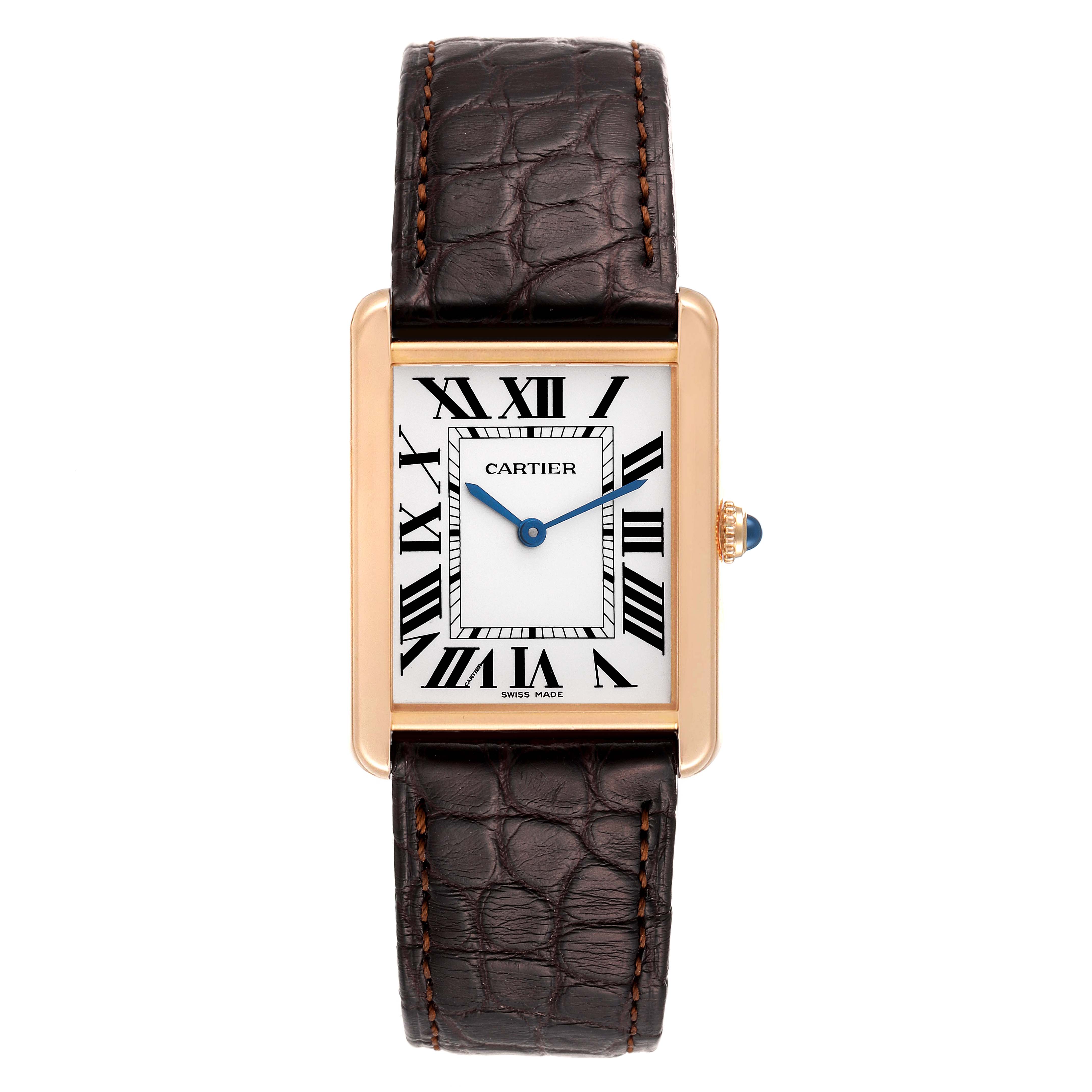 This image shows a Cartier Tank Solo W5200025 Men
s Rose Gold Silver Dial W5200025 Men
s Rose Gold Silver Dial watch from a top-down angle, displaying the dial, Roman numerals, case, crown, and leather strap.