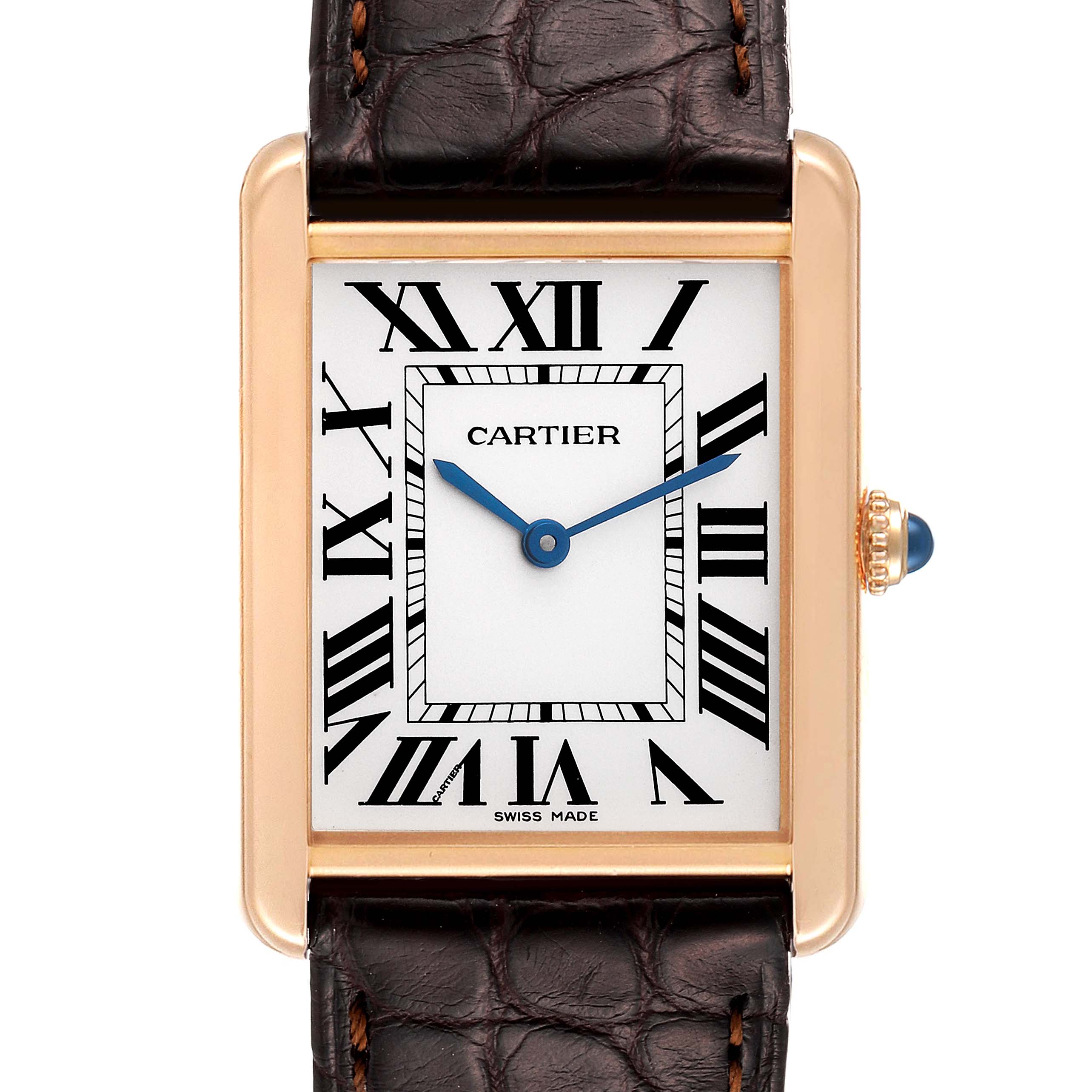 The image shows a close-up of the Cartier Tank Solo W5200025 Men
s Rose Gold Silver Dial W5200025 Men
s Rose Gold Silver Dial watch face and part of its leather strap.