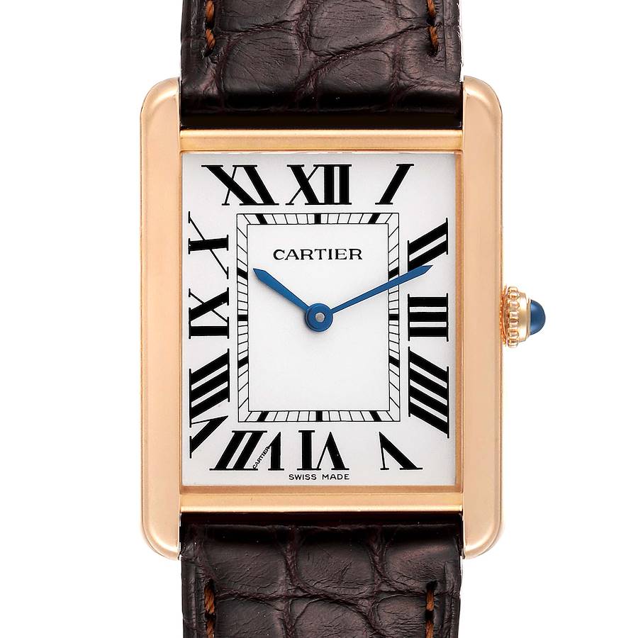 Cartier Tank Solo Large Rose Gold Steel Brown Strap Mens Watch W5200025 Box Papers SwissWatchExpo