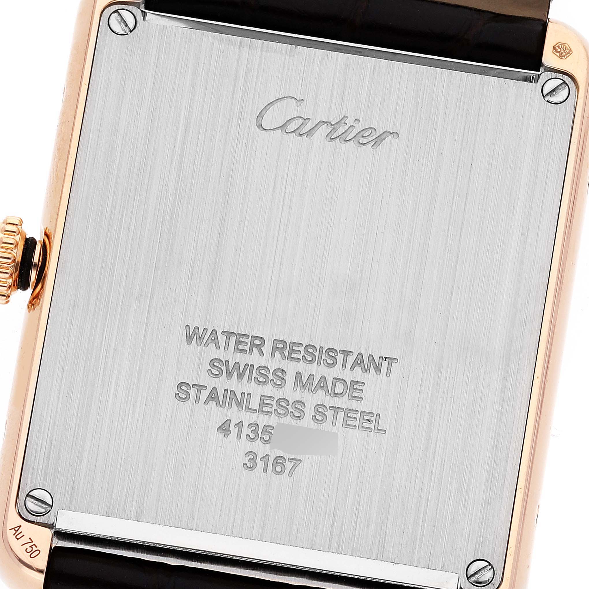 This close-up image shows the back plate with engravings of a Cartier Tank Solo W5200025 Men
s Rose Gold Silver Dial W5200025 Men
s Rose Gold Silver Dial watch.