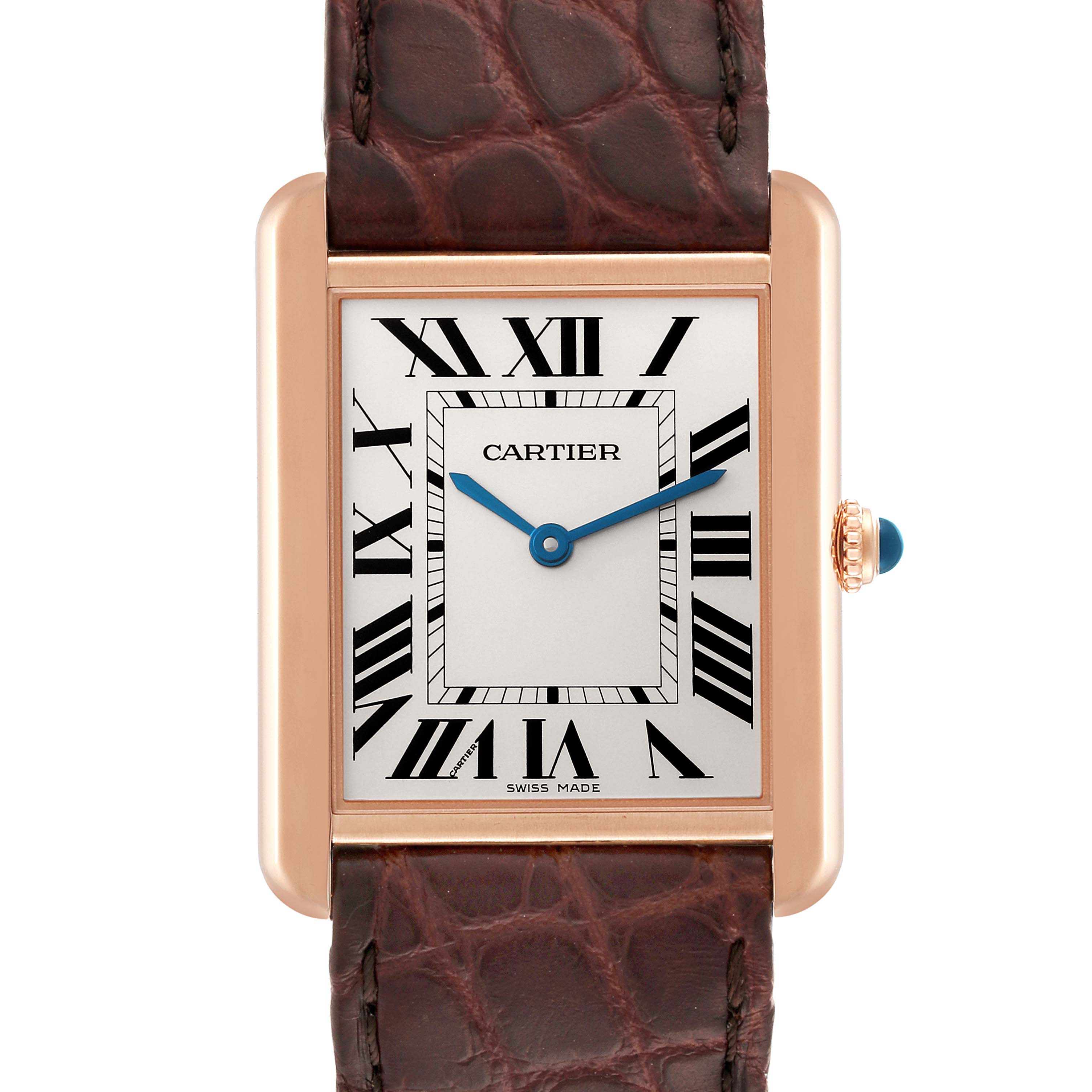 The image shows a frontal view of the Cartier Tank Solo W5200025 Men's Steel and Gold (two tone) Silver Dial W5200025 Men's Steel and Gold (two tone) Silver Dial watch, featuring its dial, hands, case, and leather strap.