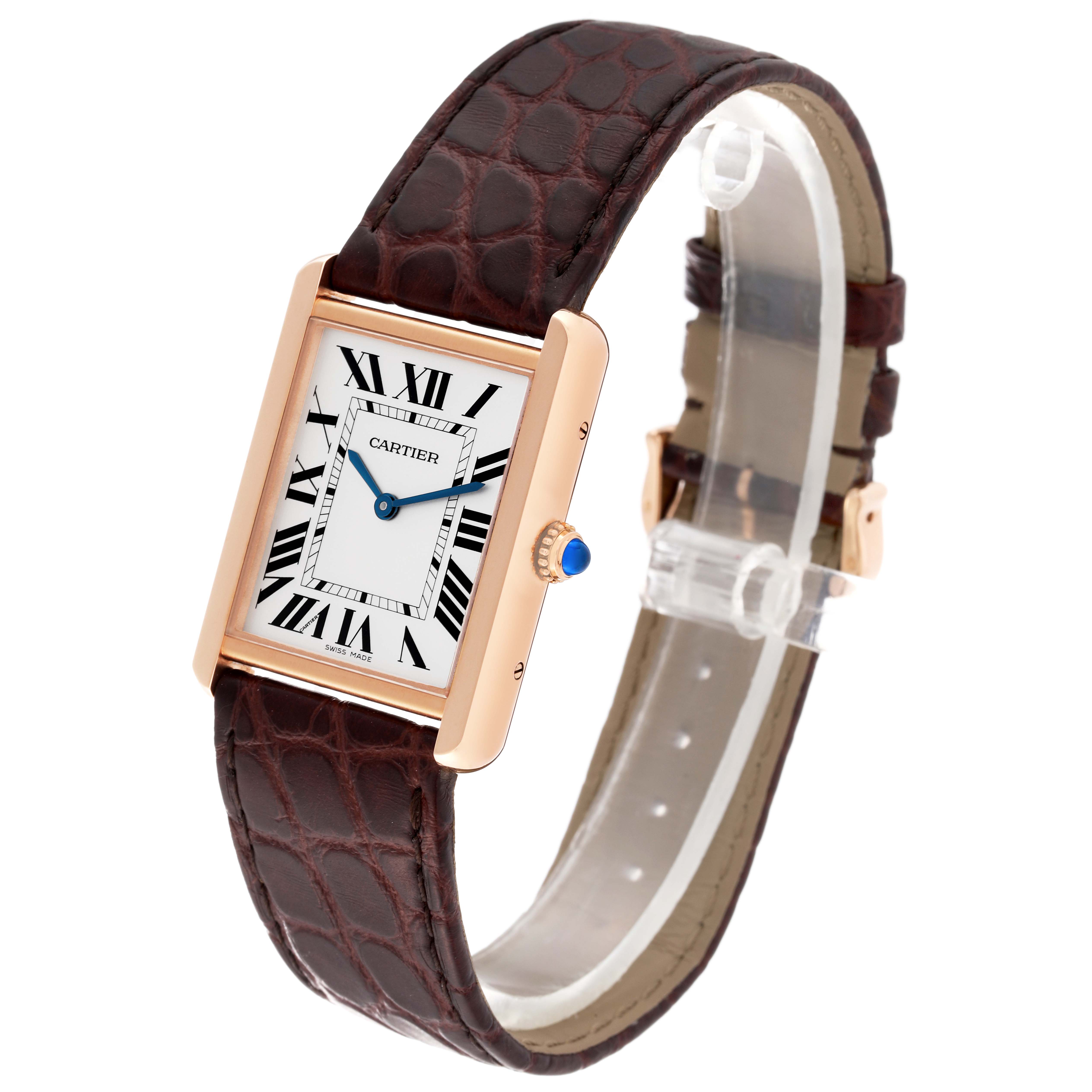 The image shows a frontal angle of the Cartier Tank Solo W5200025 Men's Steel and Gold (two tone) Silver Dial W5200025 Men's Steel and Gold (two tone) Silver Dial watch, highlighting its face, bezel, crown, and leather strap.