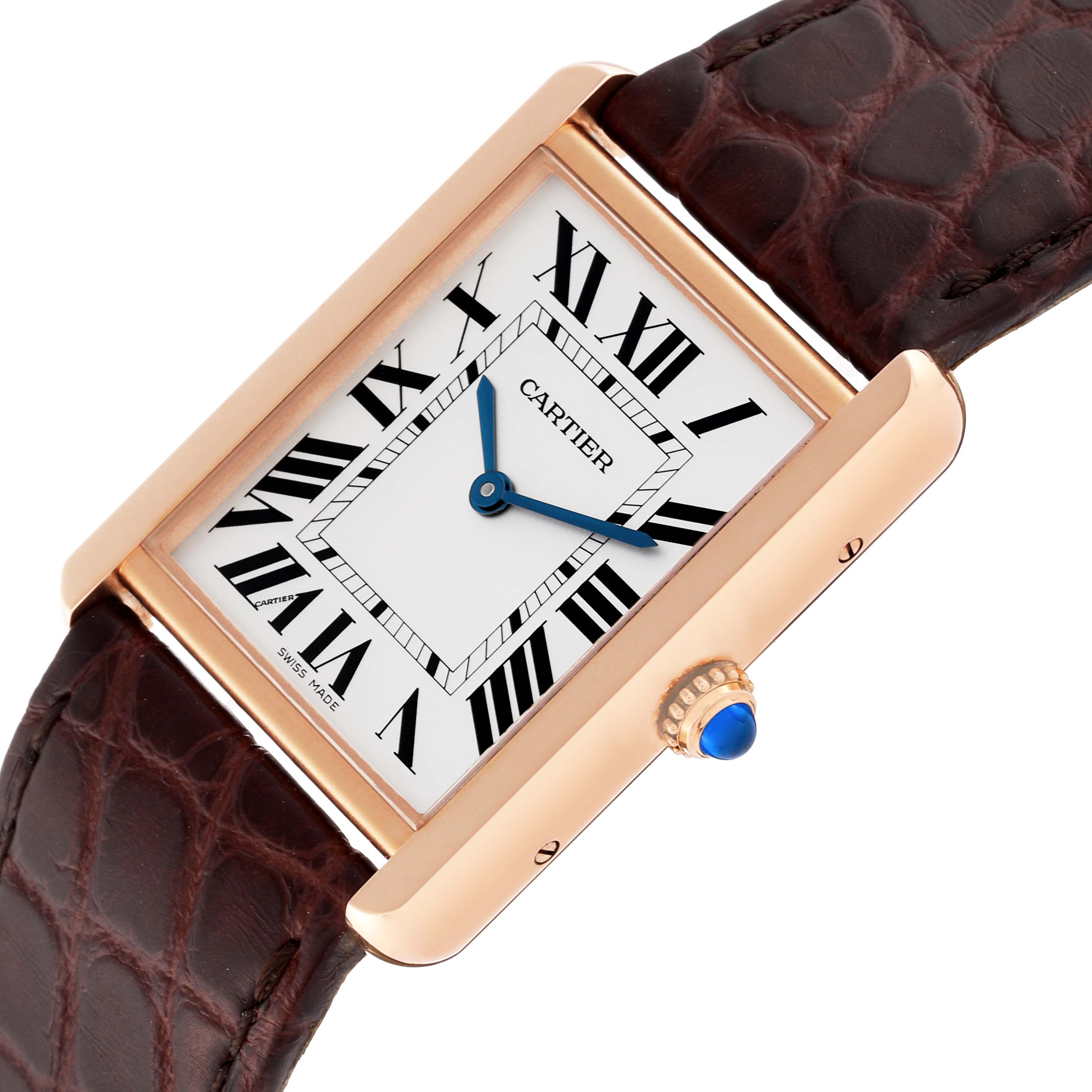 The Cartier Tank Solo W5200025 Men's Steel and Gold (two tone) Silver Dial W5200025 Men's Steel and Gold (two tone) Silver Dial watch is shown at a slight angle, highlighting its rectangular face, Roman numerals, and crown with a blue gem.