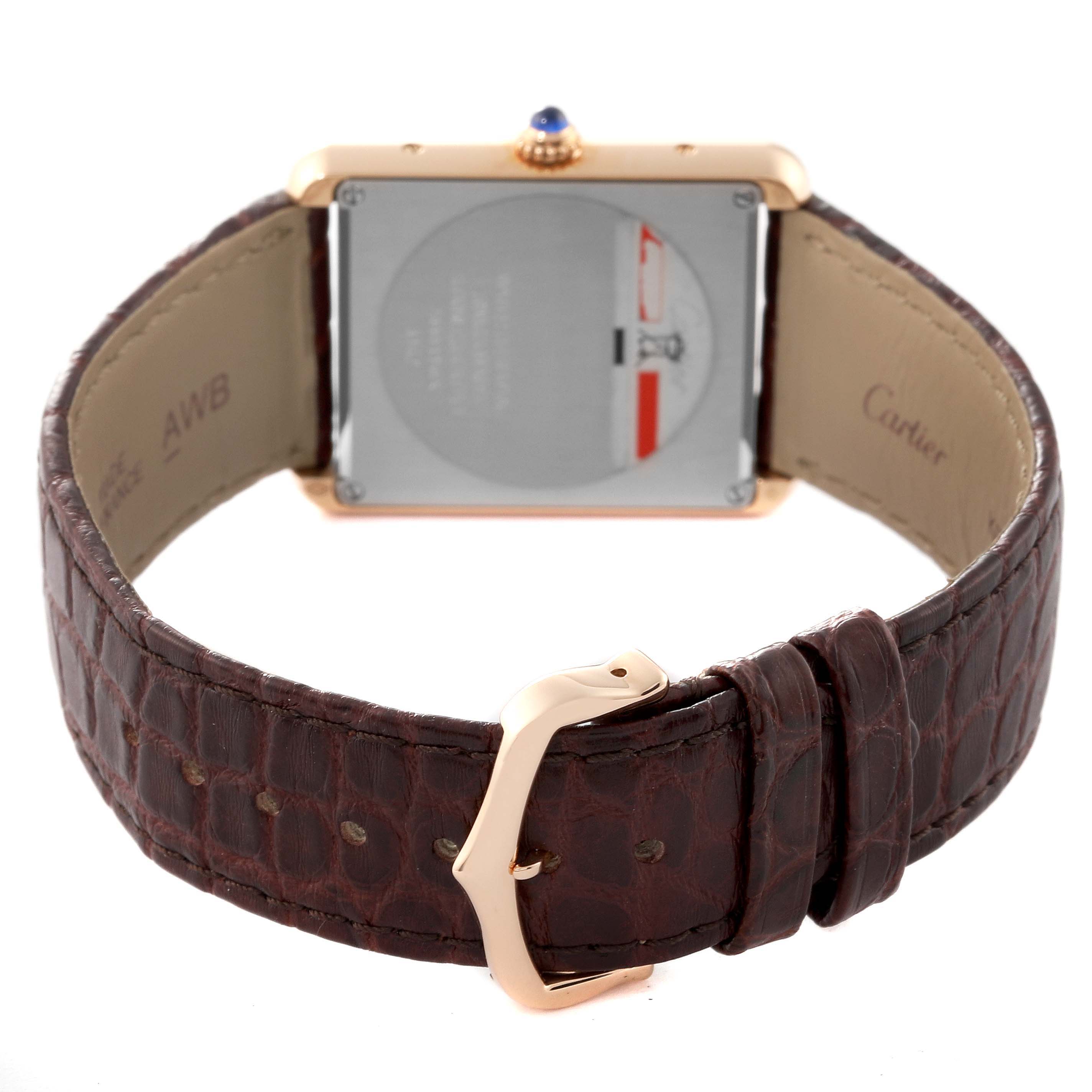 This image of the Cartier Tank Solo W5200025 Men's Steel and Gold (two tone) Silver Dial W5200025 Men's Steel and Gold (two tone) Silver Dial watch is taken from the back, showing the strap, buckle, and case back.