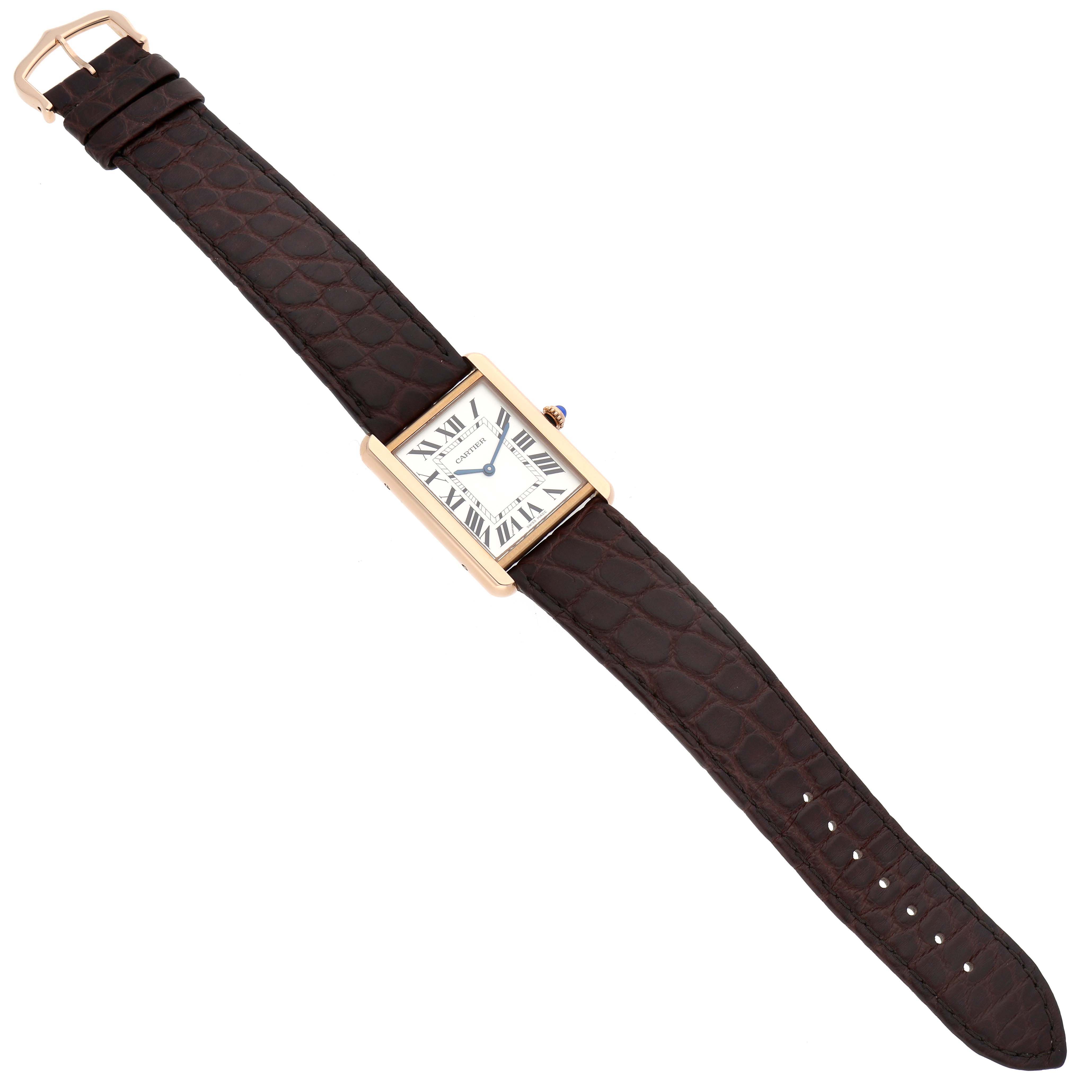 The Cartier Tank Solo W5200025 Men's Steel and Gold (two tone) Silver Dial W5200025 Men's Steel and Gold (two tone) Silver Dial watch is shown from a top-down angle, displaying the face, case, and leather strap.