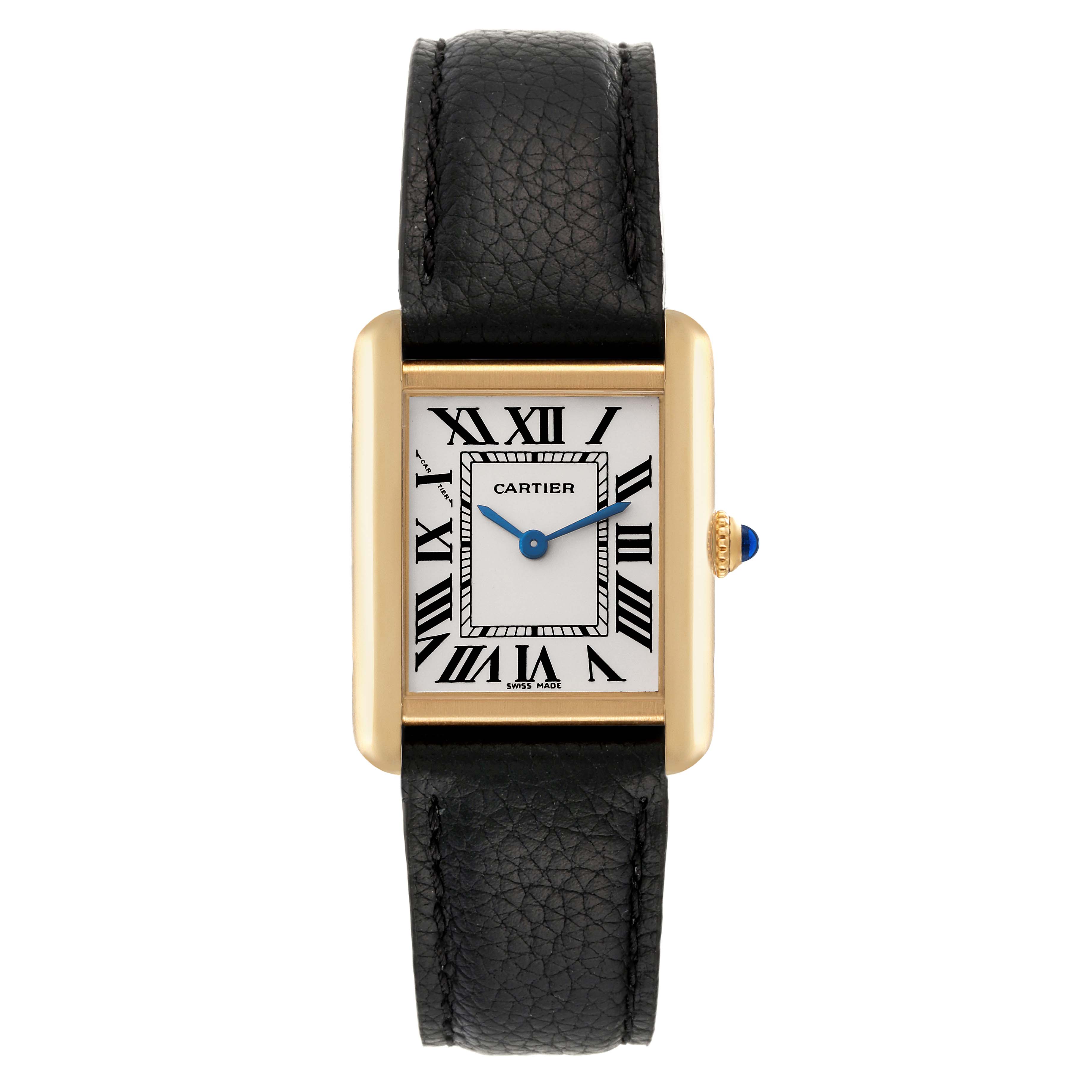 The image shows a Cartier Tank Solo W5200002 Women's Steel and Gold (two tone) Silver Dial W5200002 Women's Steel and Gold (two tone) Silver Dial watch from a front angle, displaying its entire face, blue hands, leather strap, and crown with a blue cabochon.