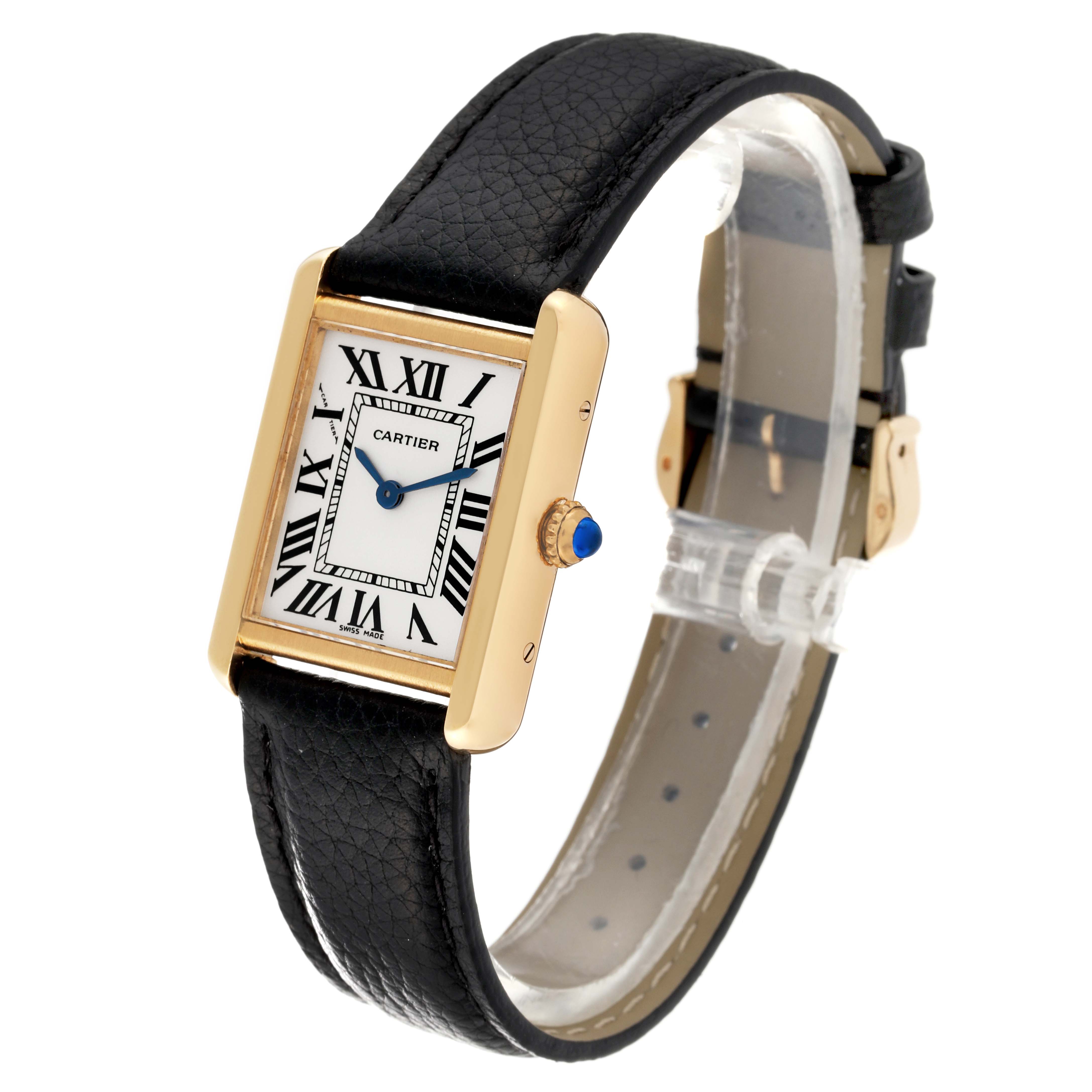 The Cartier Tank Solo W5200002 Women's Steel and Gold (two tone) Silver Dial W5200002 Women's Steel and Gold (two tone) Silver Dial watch is shown at an angle highlighting its face, strap, and side crown.
