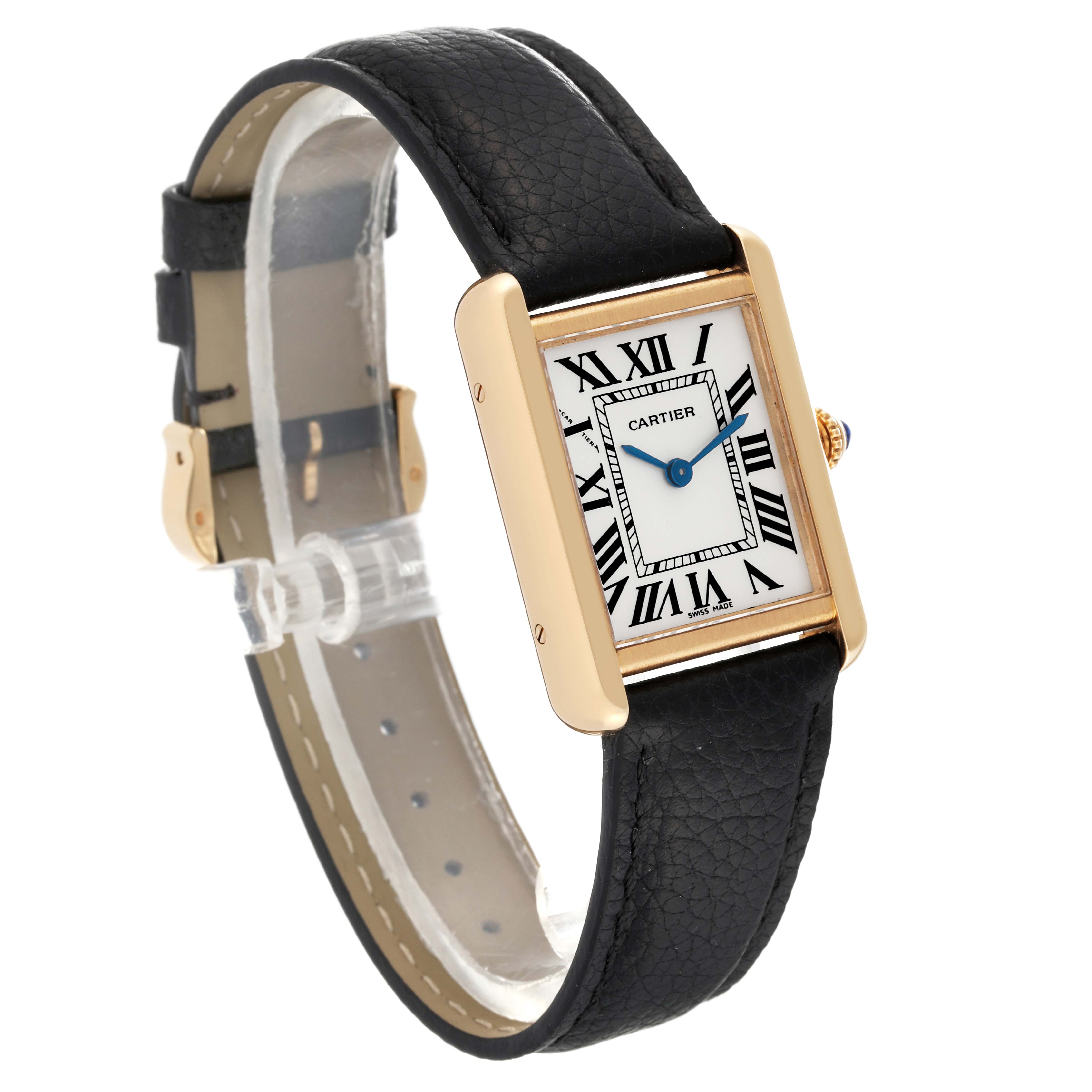 The image shows a Tank Solo model by Cartier at a three-quarter angle, displaying its black leather strap and rectangular face with Roman numerals.