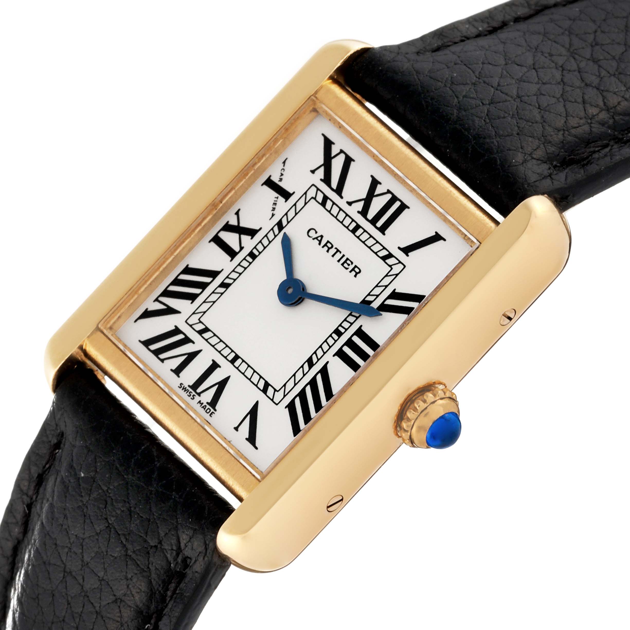 The image shows a Cartier Tank Solo W5200002 Women's Steel and Gold (two tone) Silver Dial W5200002 Women's Steel and Gold (two tone) Silver Dial watch, highlighting its rectangular face, Roman numerals, blue hands, and black leather strap.