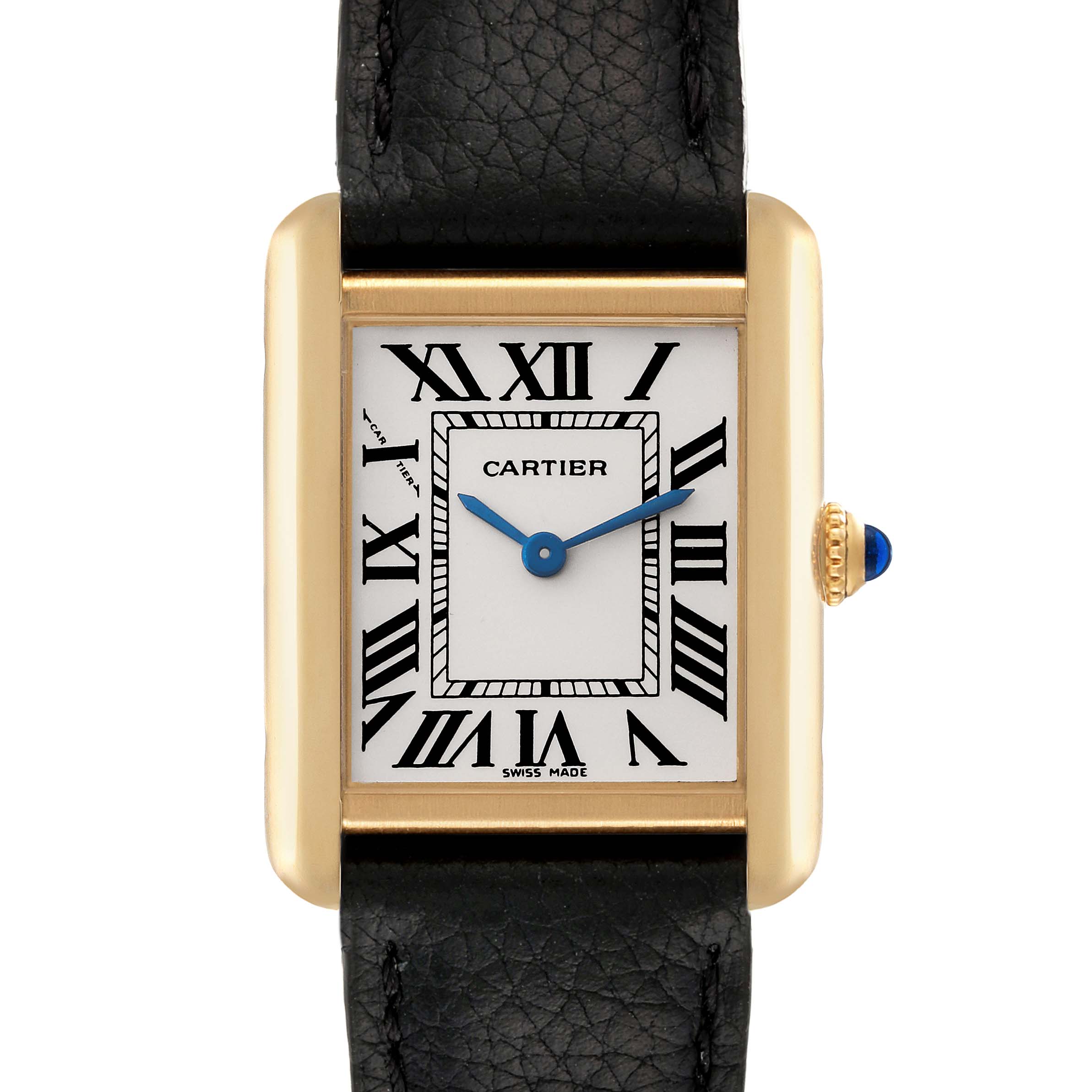 This image shows a front view of the Tank Solo model watch by Cartier, highlighting its rectangular case, Roman numerals, blue hands, and black leather strap.