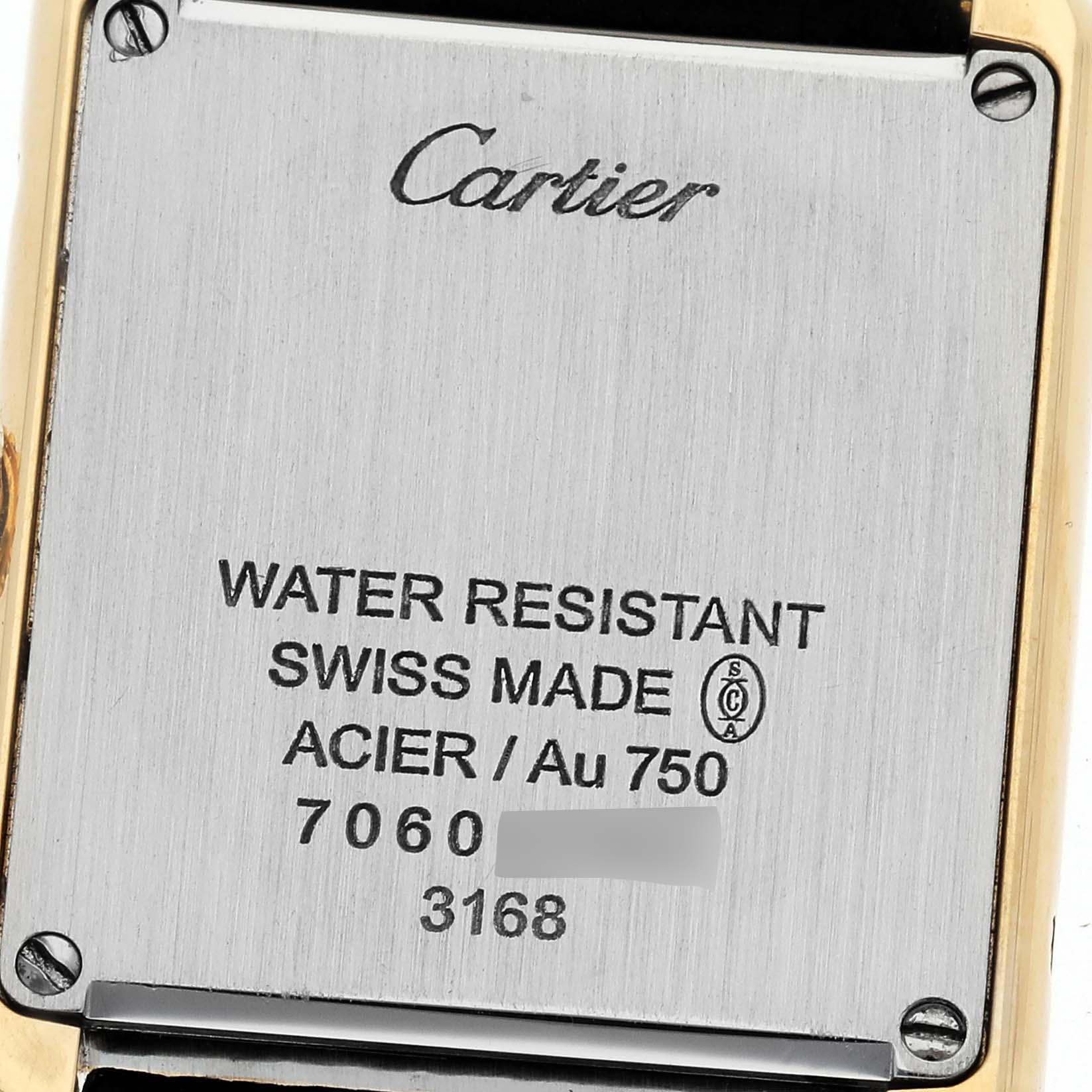 This image shows the back case of the Cartier Tank Solo W5200002 Women's Steel and Gold (two tone) Silver Dial W5200002 Women's Steel and Gold (two tone) Silver Dial watch, highlighting its water resistance and material details.