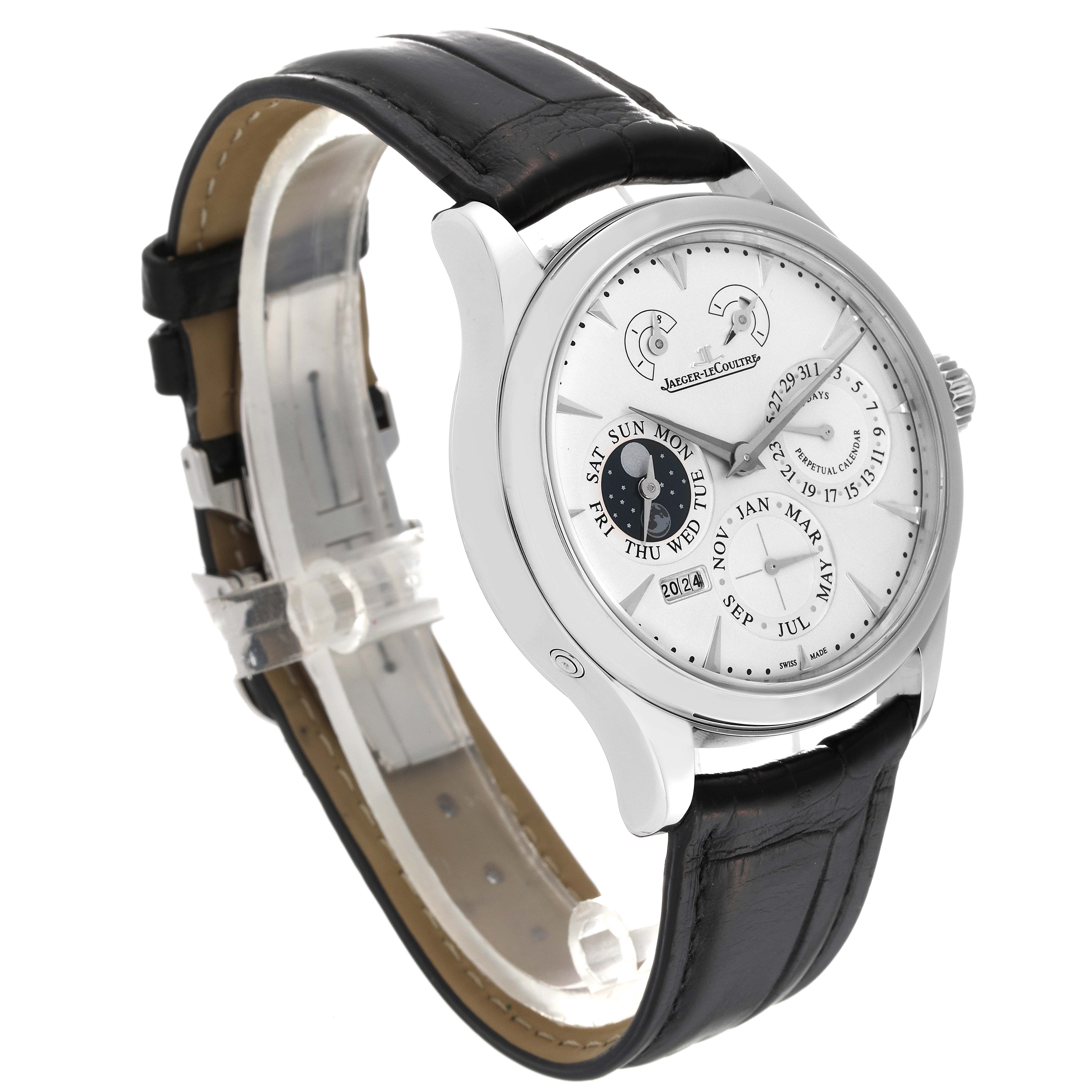 The image shows a Jaeger LeCoultre Master Q1618420 Men's Stainless Steel Silver Dial Q1618420 Men's Stainless Steel Silver Dial model watch at a three-quarter angle, highlighting its face and black leather strap.