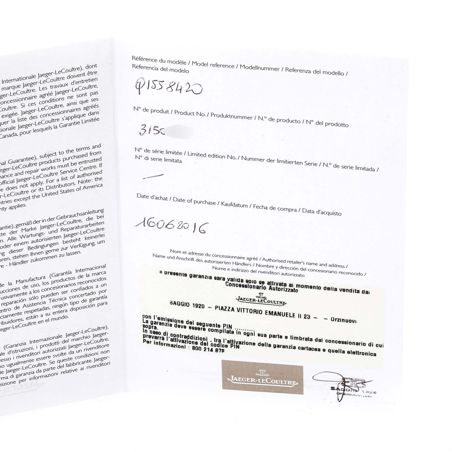 The image shows the warranty certificate and purchase details for a Jaeger LeCoultre Master 140.8.98.S Men's Stainless Steel Silver Dial 140.8.98.S Men's Stainless Steel Silver Dial model watch.