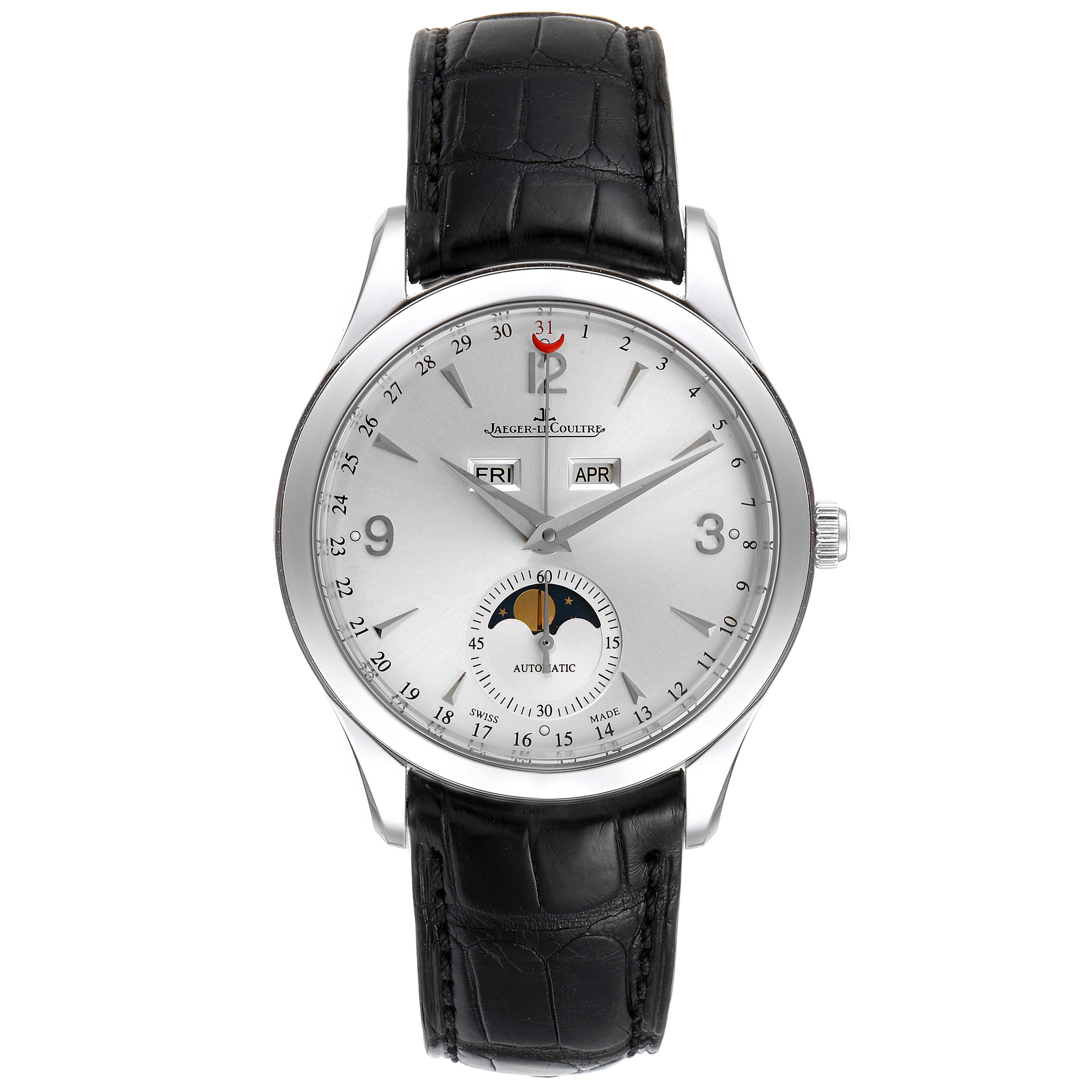 The Jaeger LeCoultre Master 140.8.98.S Men's Stainless Steel Silver Dial 140.8.98.S Men's Stainless Steel Silver Dial watch is shown from a top-down angle, displaying its silver dial, black strap, and multiple complications.