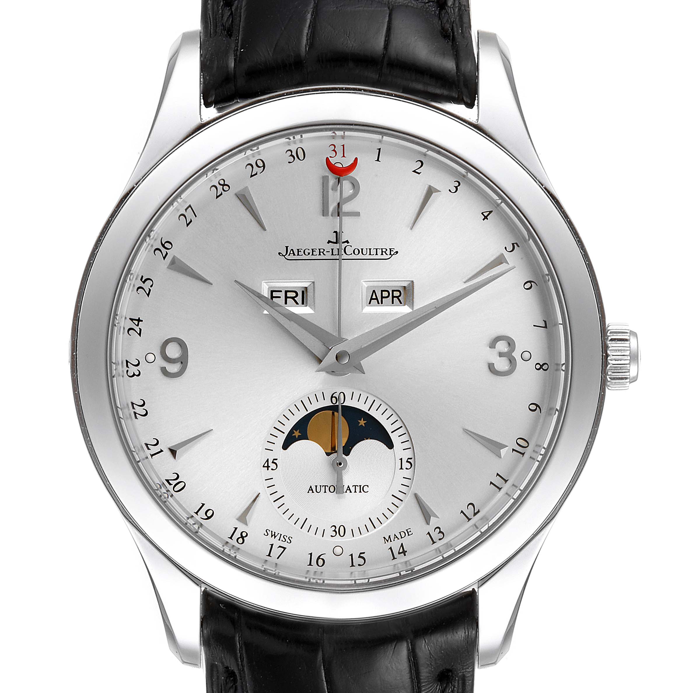 The image shows a frontal view of a Jaeger-LeCoultre Master model watch displaying its dial, day, date, and moon phase features.