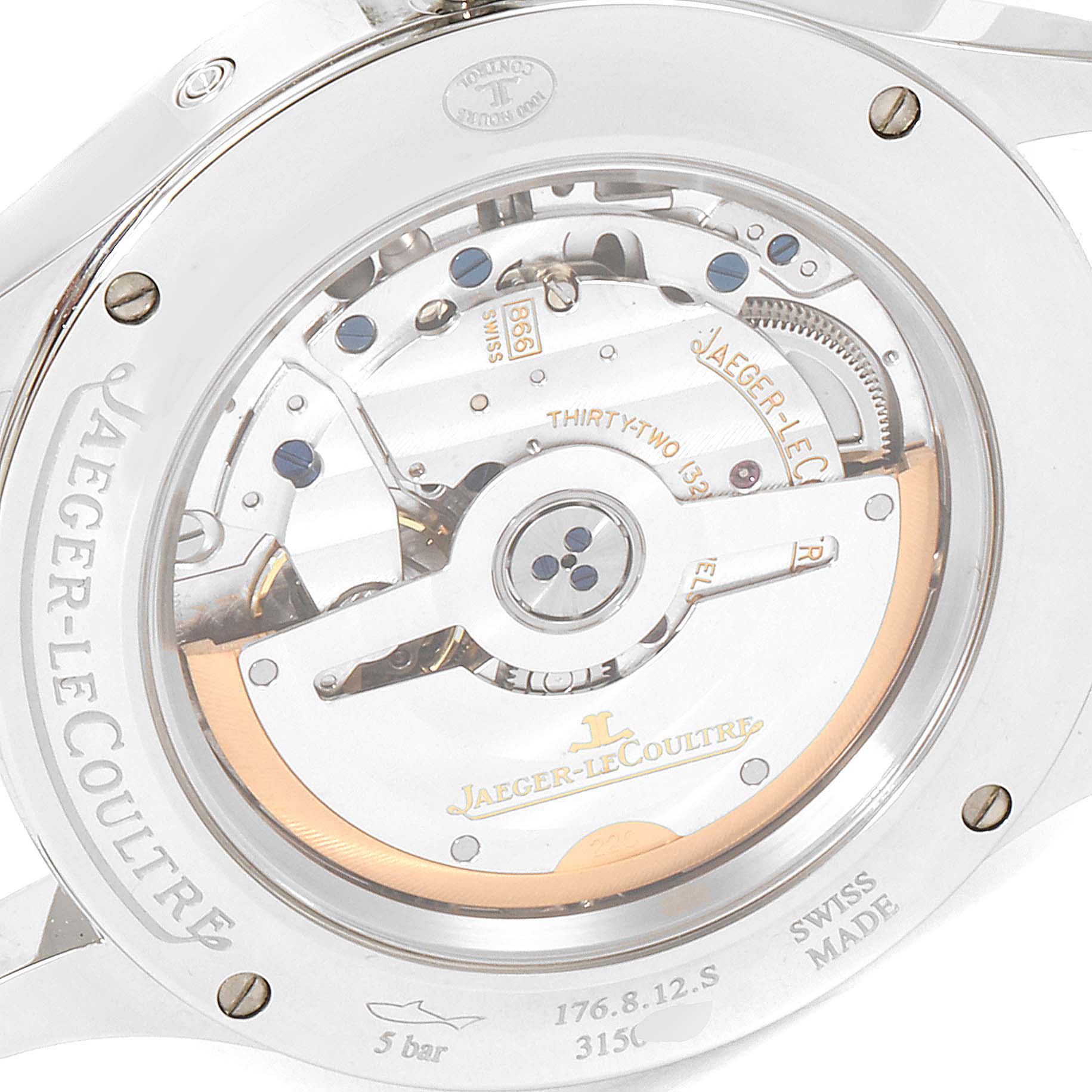 The image shows the back view of the Jaeger-LeCoultre Master model watch, highlighting its intricate movement and rotor.