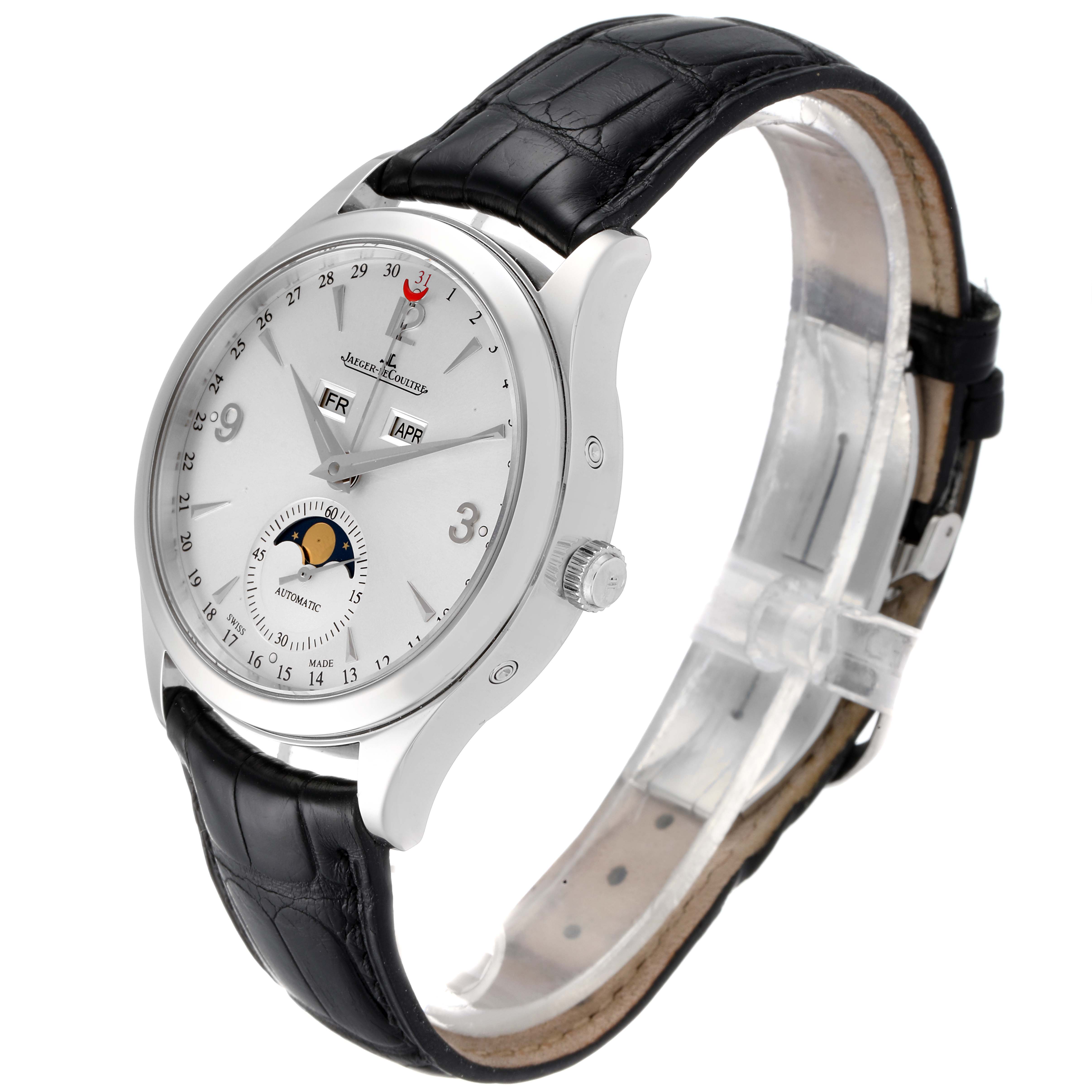 The image shows a Jaeger LeCoultre Master 140.8.98.S Men's Stainless Steel Silver Dial 140.8.98.S Men's Stainless Steel Silver Dial model watch at a front-side angle, highlighting its black leather strap and dial features.