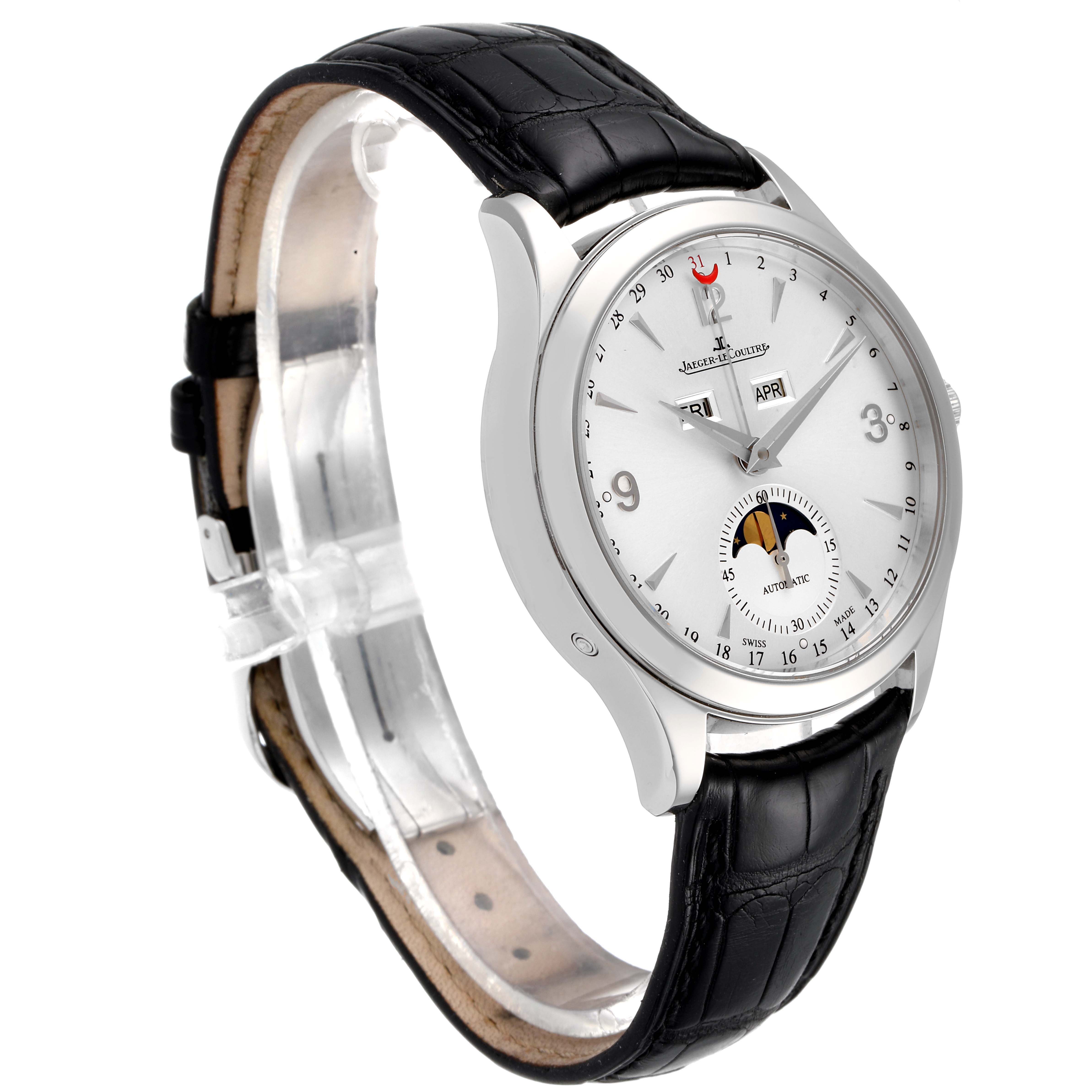 This Jaeger-LeCoultre Master model watch is shown at a three-quarter angle, displaying the face, case, and black leather strap.