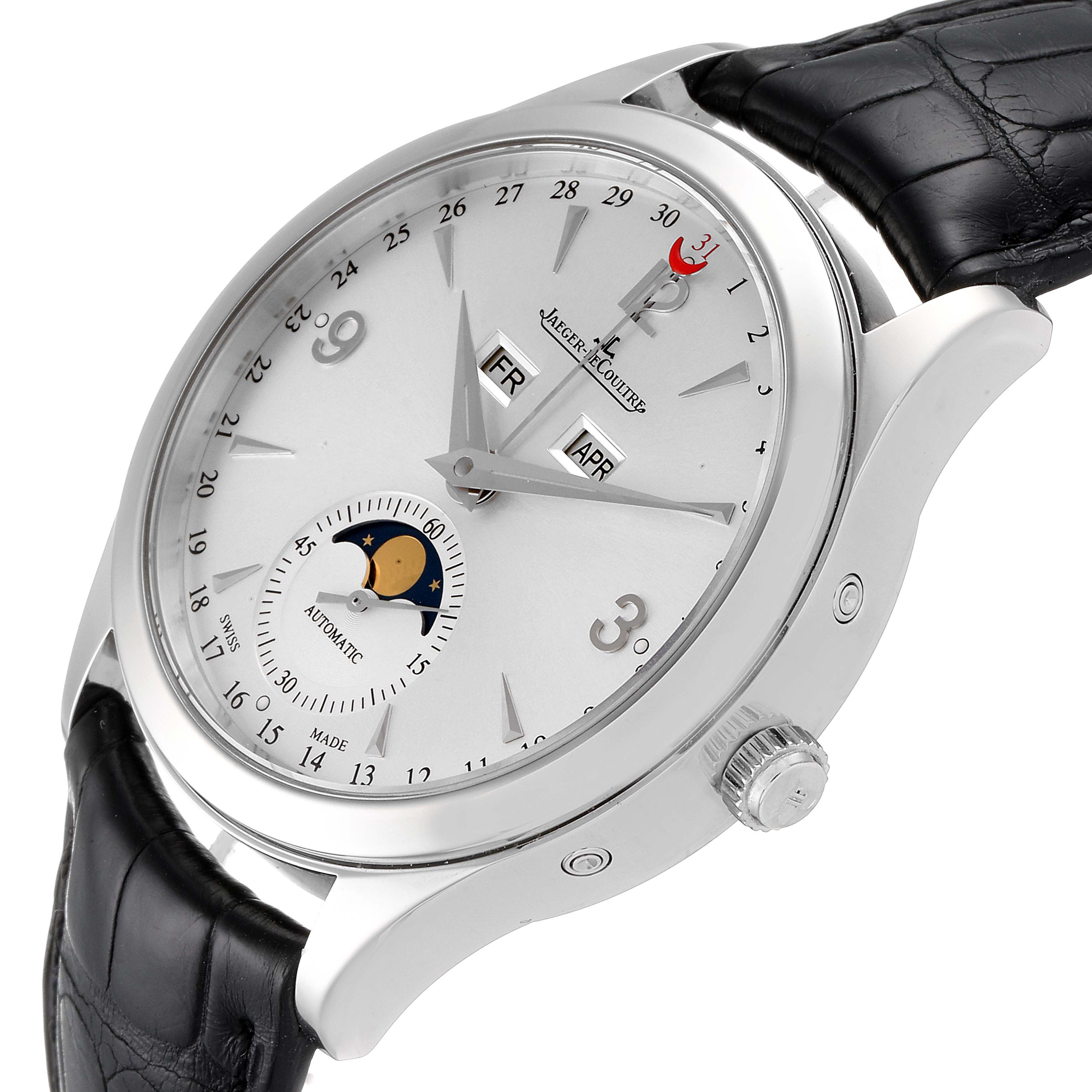 This image shows a Jaeger-LeCoultre Master watch from an angled view, highlighting the face, dial, moon phase, and part of the strap.