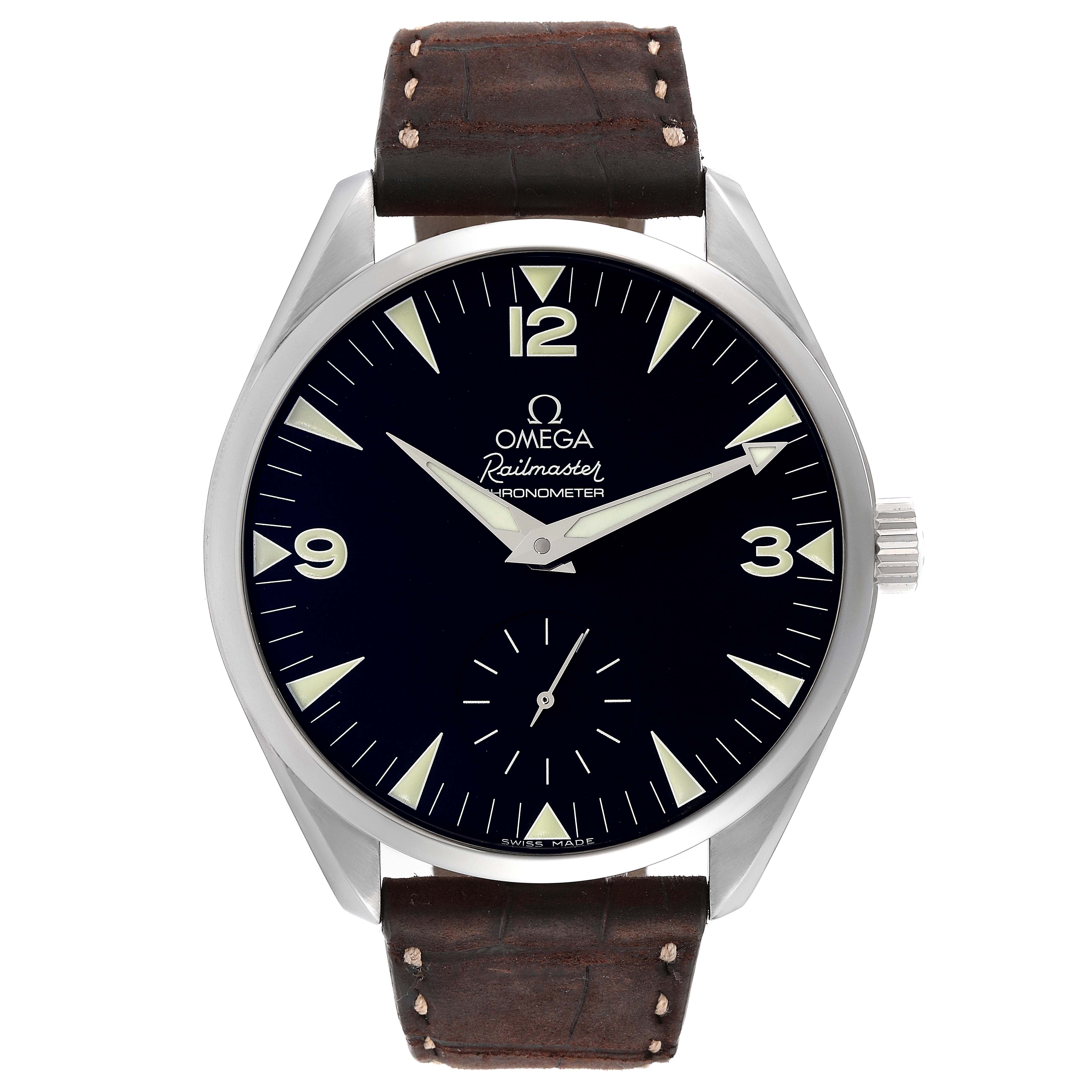 This Omega Aqua Terra 2806.52.37 Men's Stainless Steel Black Dial 2806.52.37 Men's Stainless Steel Black Dial model watch is shown from a front view, highlighting its dial, hands, and leather strap.