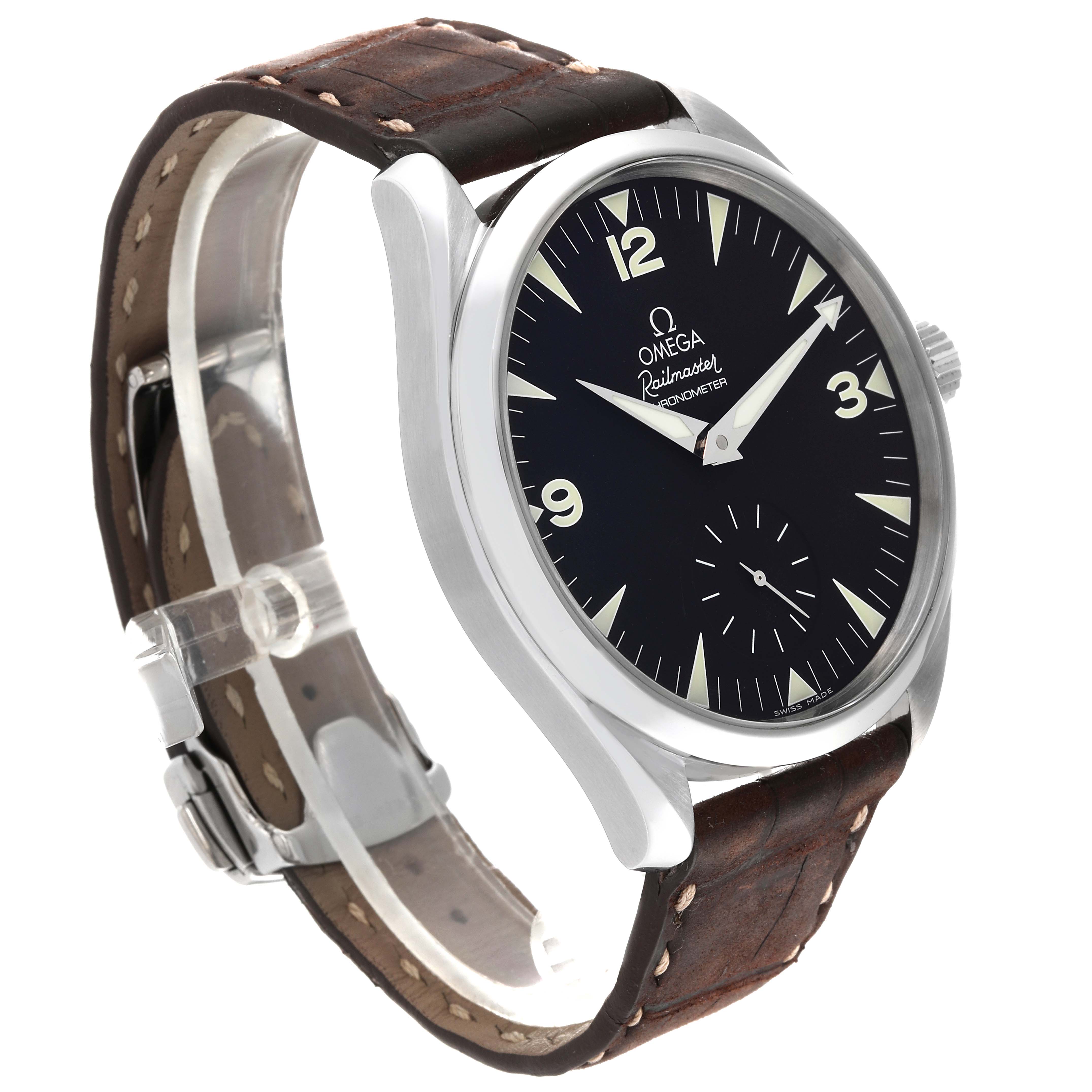 The Omega Aqua Terra 2806.52.37 Men's Stainless Steel Black Dial 2806.52.37 Men's Stainless Steel Black Dial watch is shown from a slight left angle, displaying its face, bezel, crown, and leather strap.