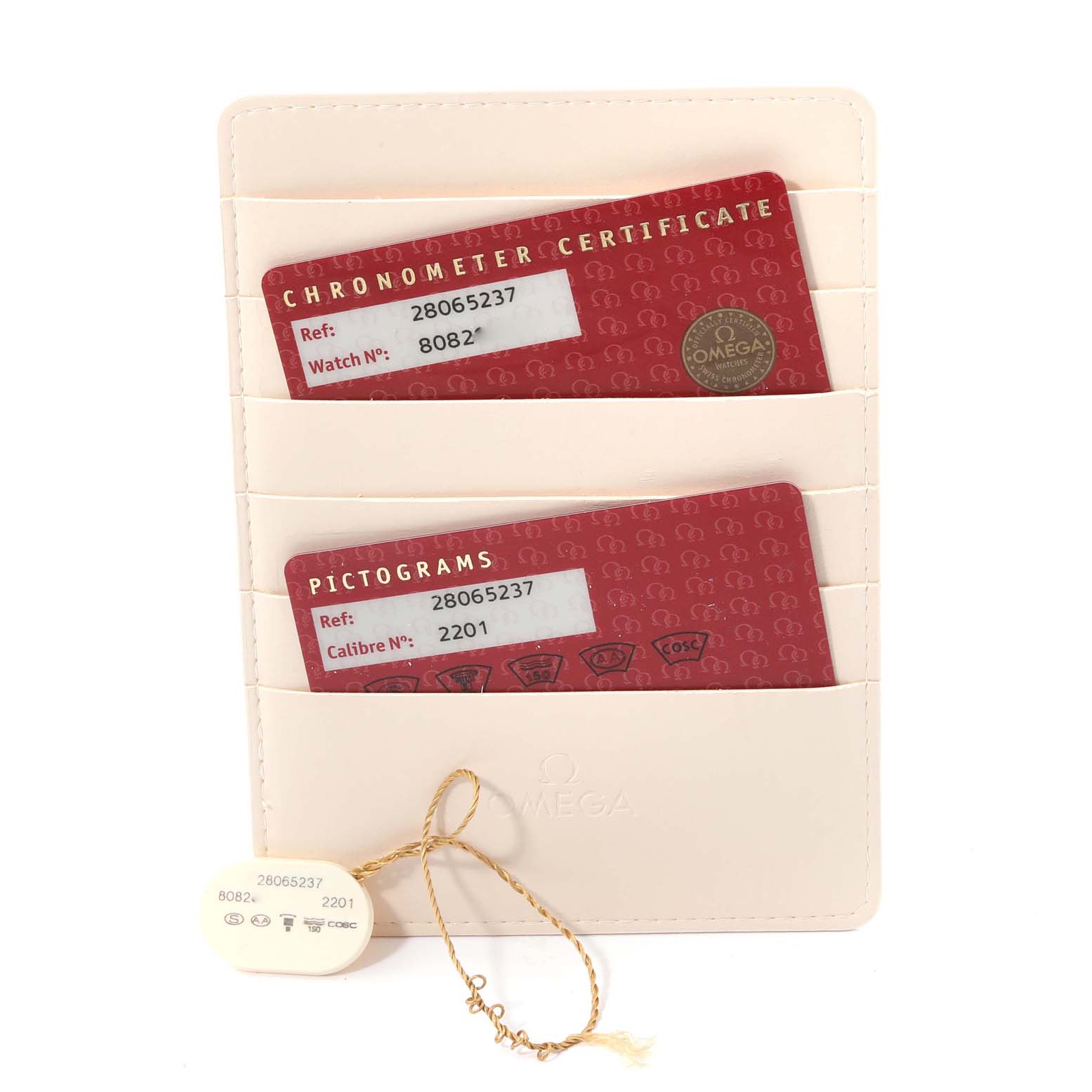 The image shows the warranty cards and accessories for an Omega Aqua Terra 2806.52.37 Men's Stainless Steel Black Dial 2806.52.37 Men's Stainless Steel Black Dial model watch.