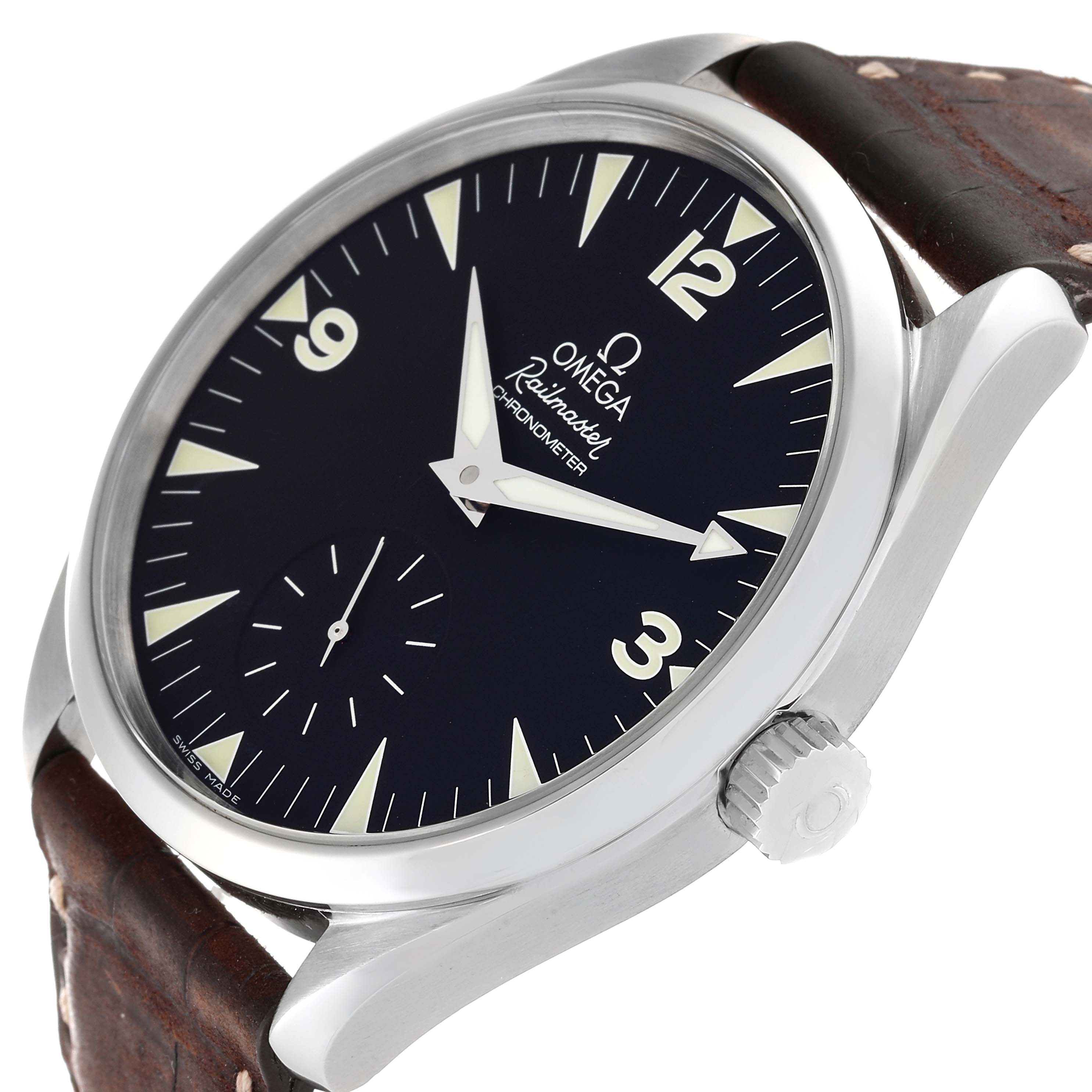 The image shows a close-up view of the Omega Aqua Terra 2806.52.37 Men's Stainless Steel Black Dial 2806.52.37 Men's Stainless Steel Black Dial, focusing on its face, crown, bezel, and part of the leather strap.