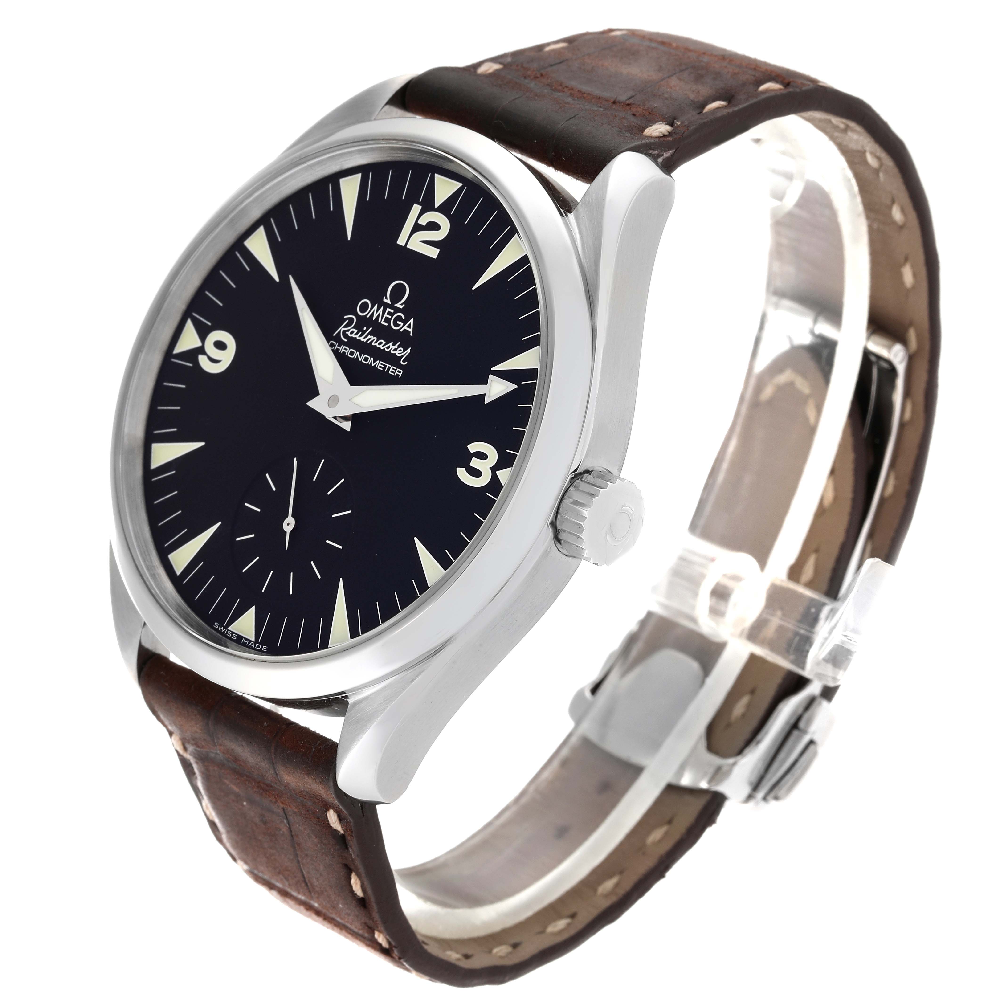 The image shows an Omega Aqua Terra 2806.52.37 Men's Stainless Steel Black Dial 2806.52.37 Men's Stainless Steel Black Dial watch at a three-quarter angle, highlighting the face, crown, and brown leather strap.