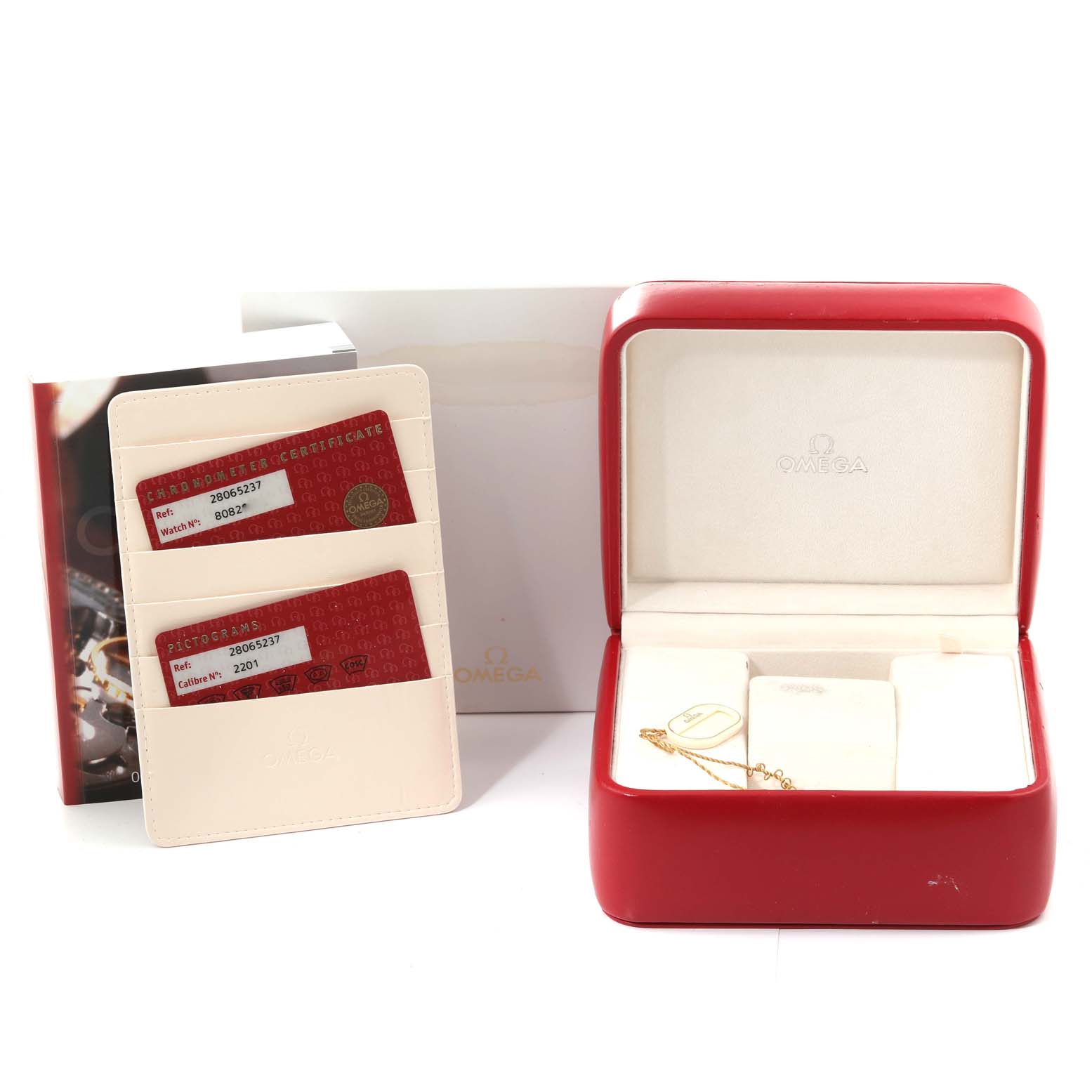 The image shows an Omega Aqua Terra 2806.52.37 Men's Stainless Steel Black Dial 2806.52.37 Men's Stainless Steel Black Dial watch box, accompanying cards, a cardholder, and the original packaging.