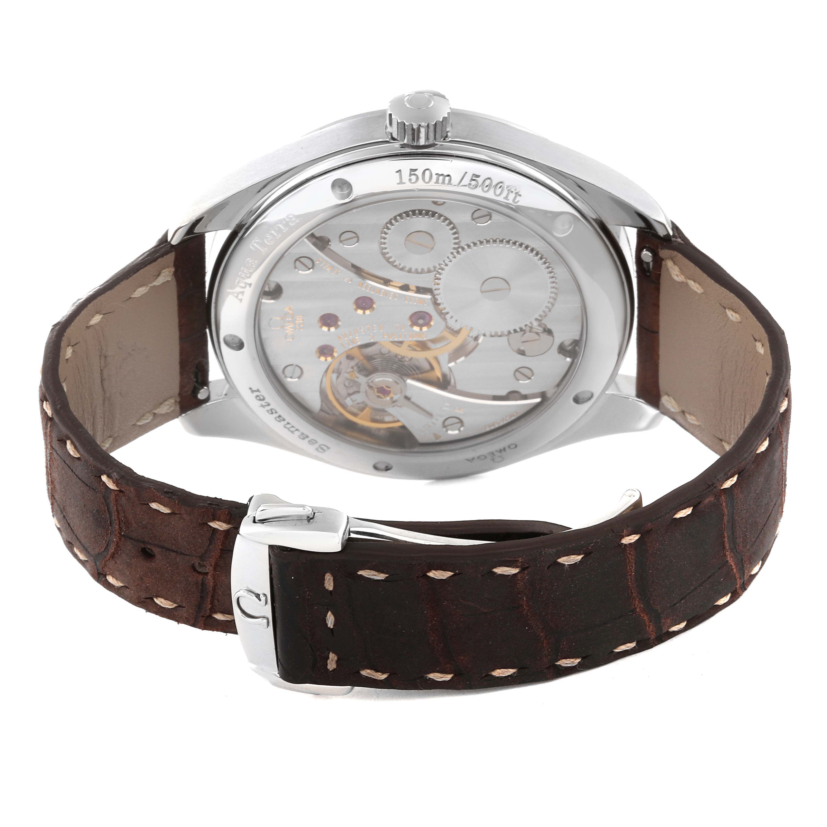 The image shows the back view of the Omega Aqua Terra 2806.52.37 Men's Stainless Steel Black Dial 2806.52.37 Men's Stainless Steel Black Dial watch, highlighting its transparent case back and movement, with a brown leather strap.