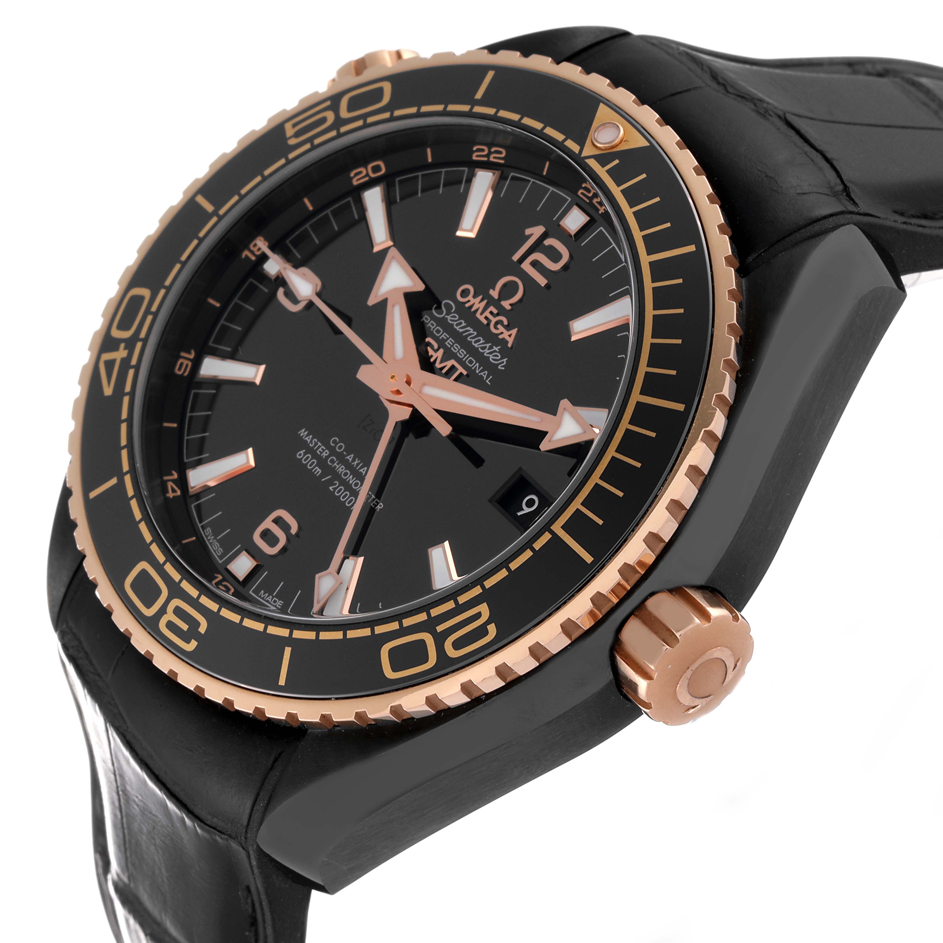 The Omega Planet Ocean 215.63.46.22.01.001 Men's Ceramic Black Dial 215.63.46.22.01.001 Men's Ceramic Black Dial watch is shown at an angled side view, highlighting the watch face, bezel, and crown.