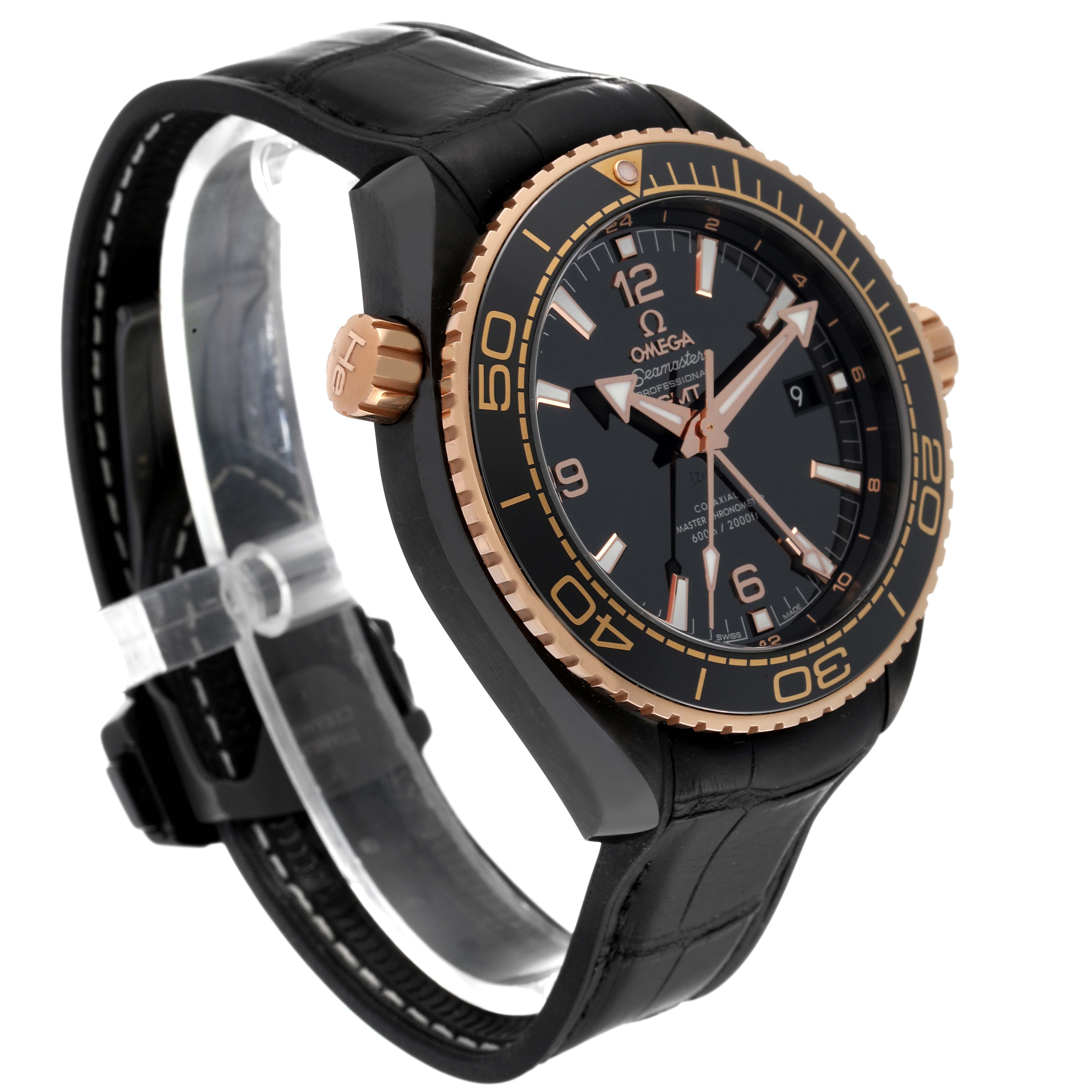 The image shows an angled view of the Omega Planet Ocean 215.63.46.22.01.001 Men's Ceramic Black Dial 215.63.46.22.01.001 Men's Ceramic Black Dial watch, highlighting the dial, bezel, and black leather strap.