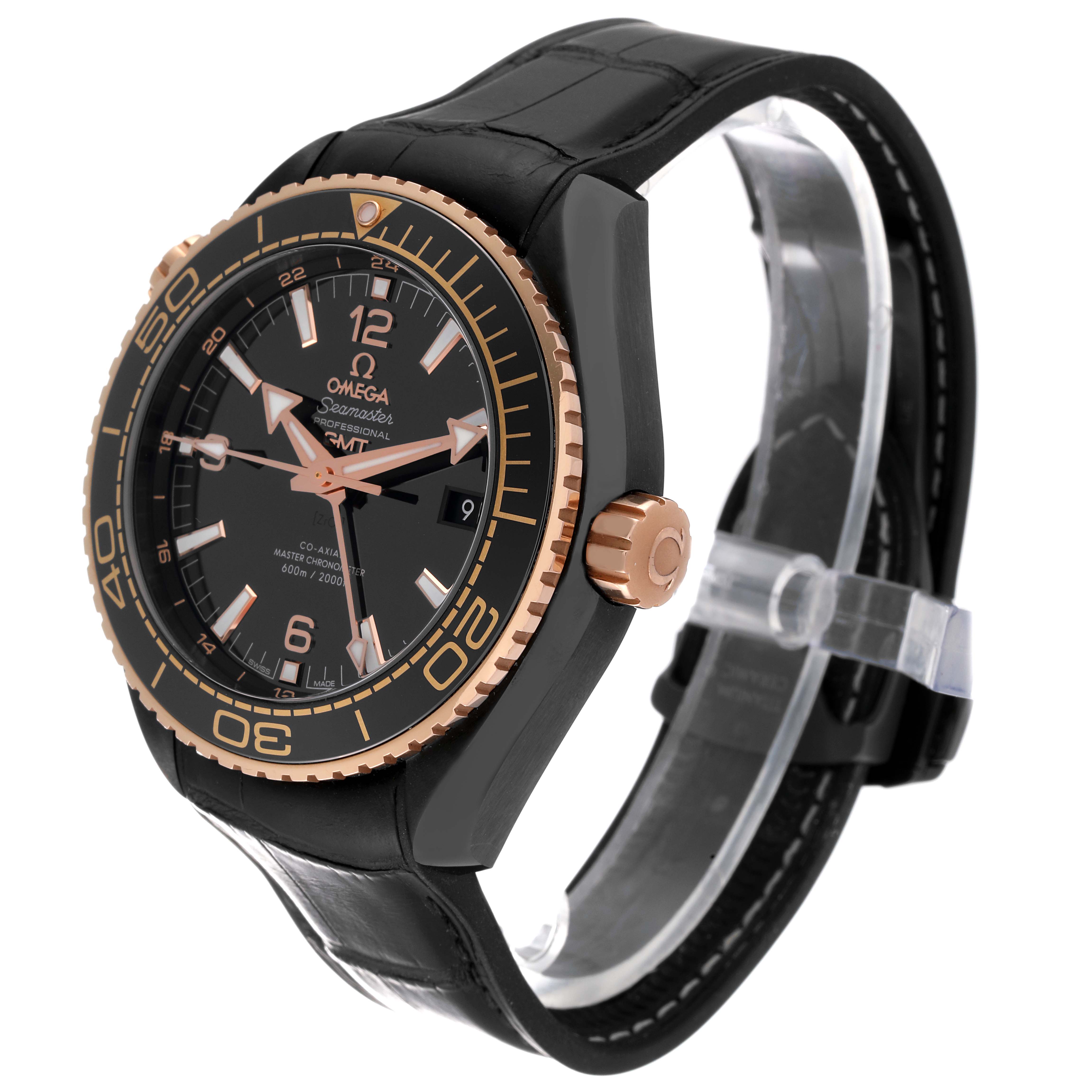 The Omega Planet Ocean 215.63.46.22.01.001 Men's Ceramic Black Dial 215.63.46.22.01.001 Men's Ceramic Black Dial watch is shown at a three-quarter angle, highlighting the face, bezel, hands, and leather strap.