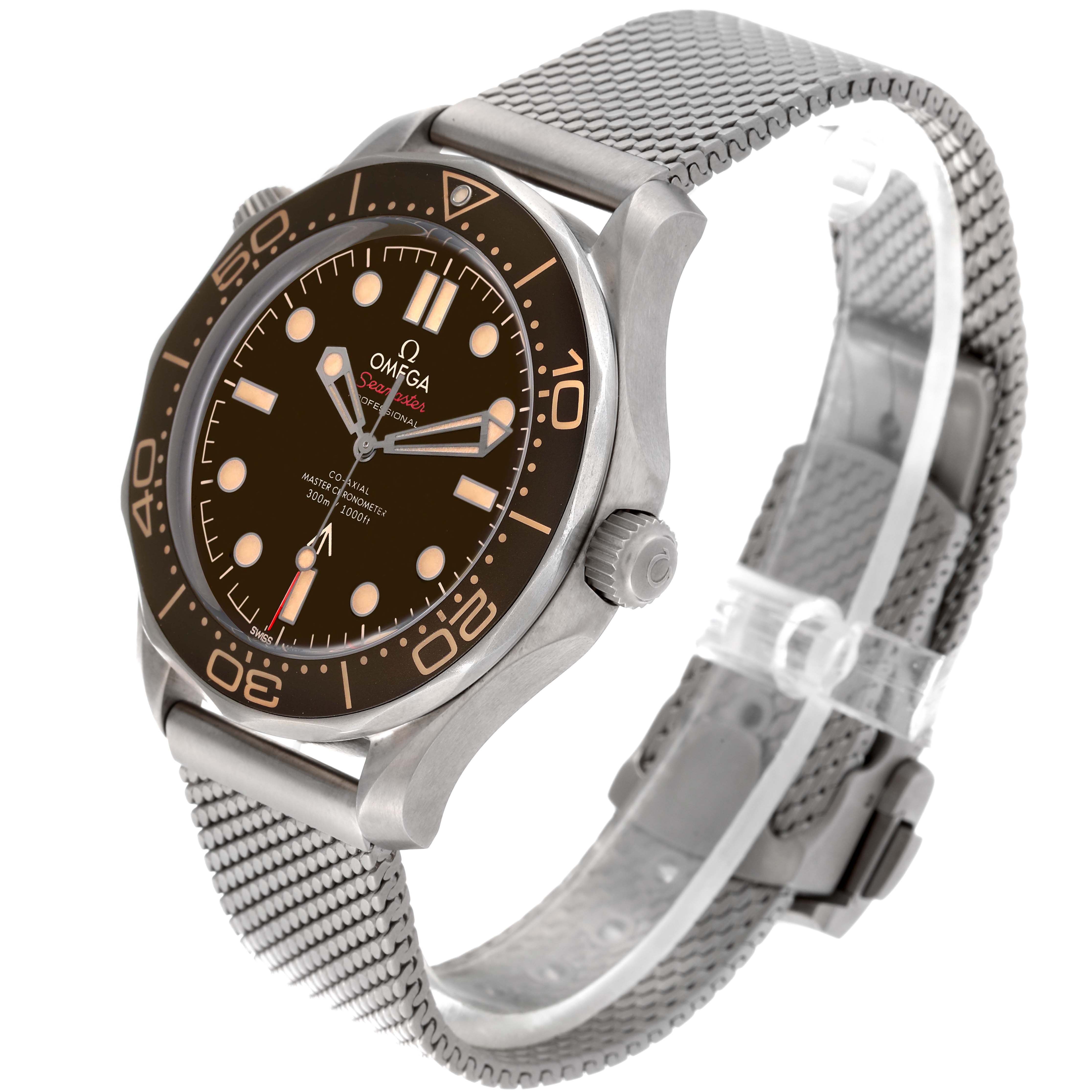 The Omega Seamaster 210.90.42.20.01.001 Men's Titanium Brown Dial 210.90.42.20.01.001 Men's Titanium Brown Dial watch is shown at a three-quarter angle, highlighting its dial, bezel, and mesh bracelet.