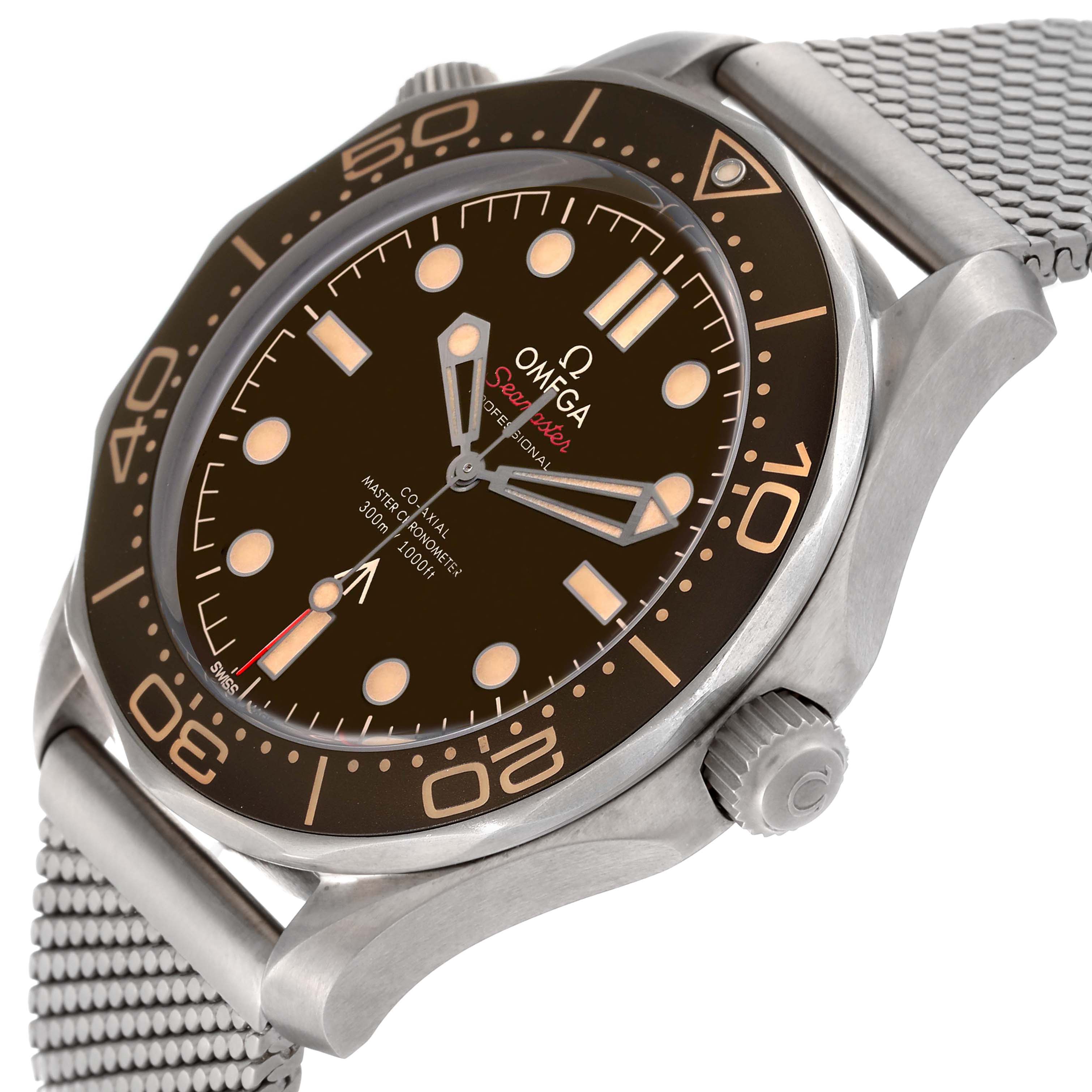 The Omega Seamaster 210.90.42.20.01.001 Men's Titanium Brown Dial 210.90.42.20.01.001 Men's Titanium Brown Dial watch is shown at a slight angle, highlighting the bezel, dial, and the mesh strap.