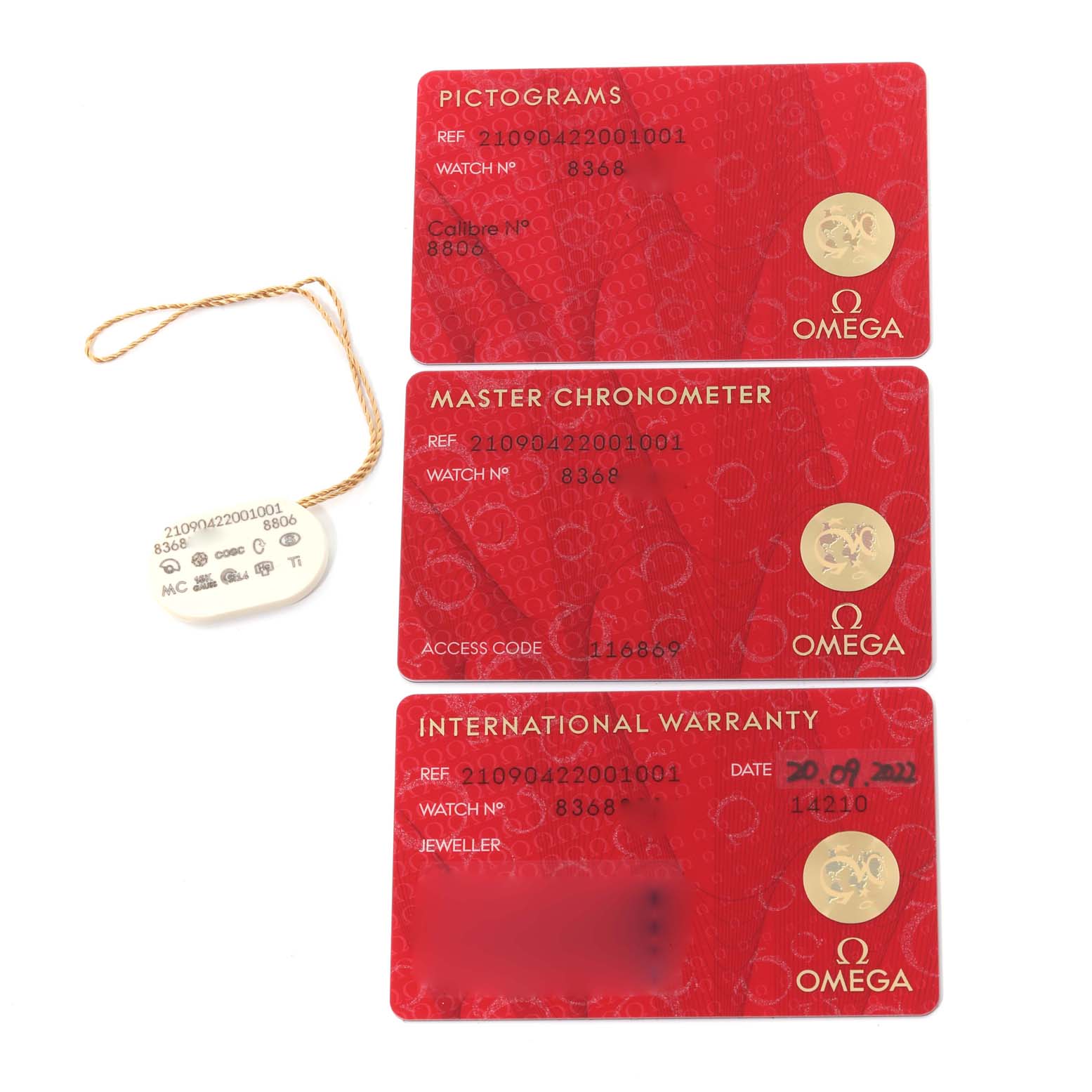 The image shows the Omega Seamaster 210.90.42.20.01.001 Men's Titanium Brown Dial 210.90.42.20.01.001 Men's Titanium Brown Dial's Pictograms, Master Chronometer cards, and International Warranty card along with a tag.