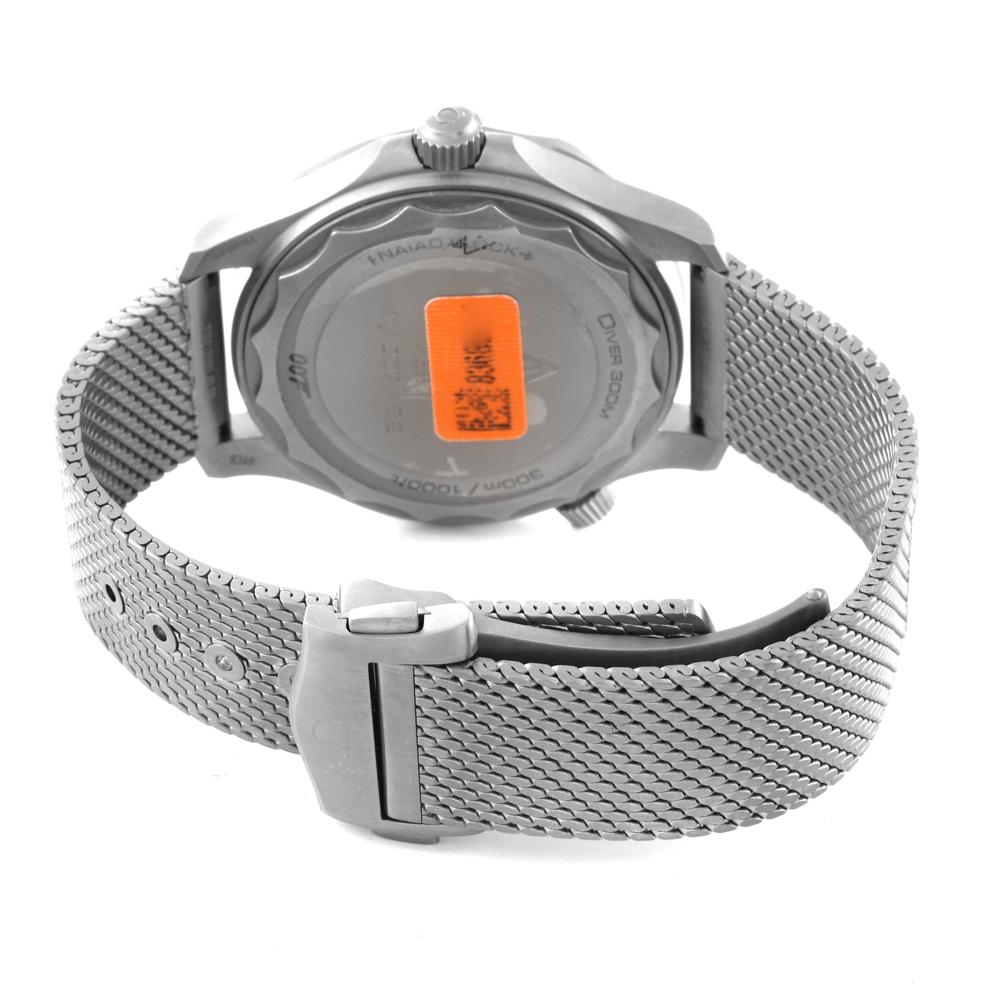 The image shows the back of an Omega Seamaster 210.90.42.20.01.001 Men's Titanium Brown Dial 210.90.42.20.01.001 Men's Titanium Brown Dial watch, highlighting the case back, crown, and metal bracelet with its clasp.