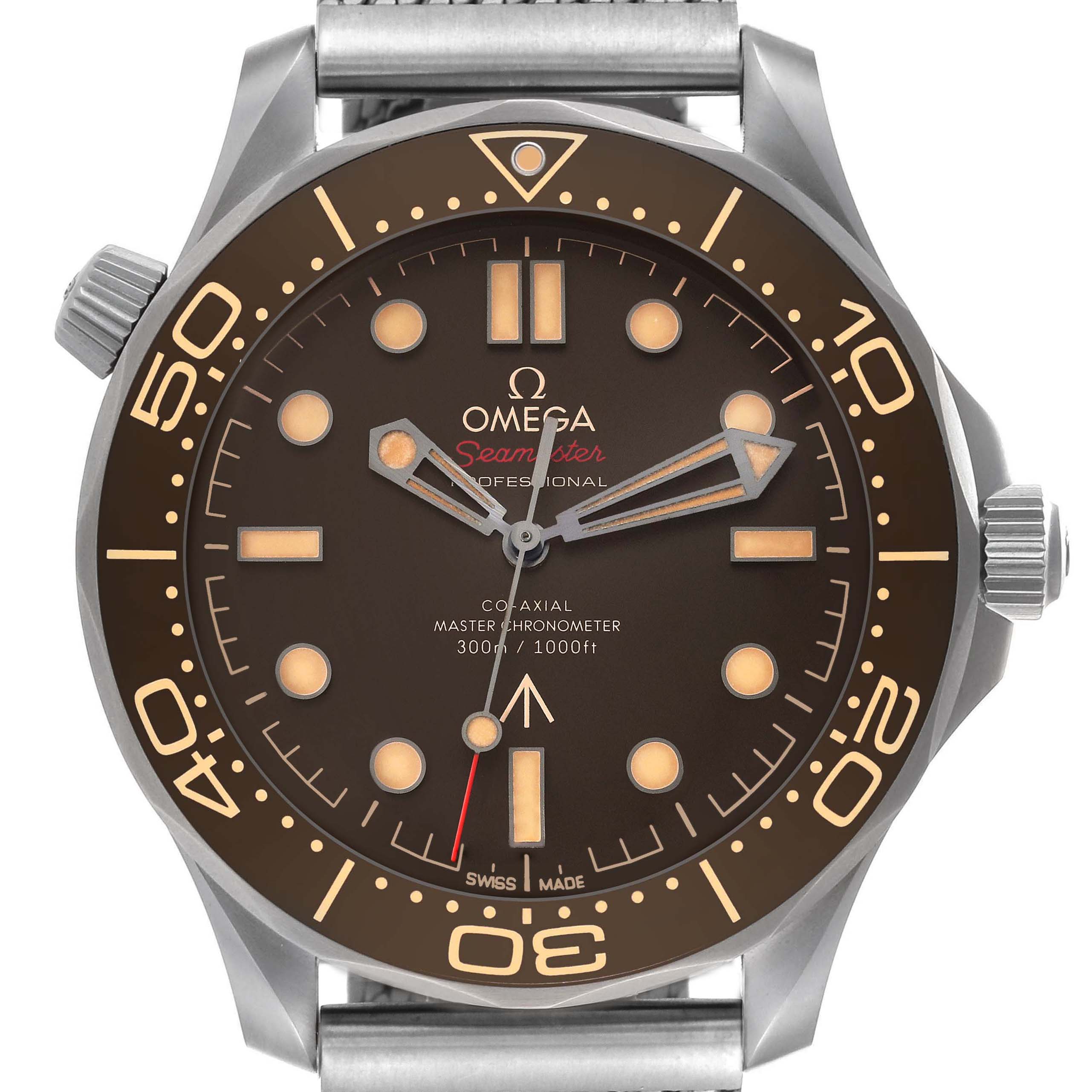 The image shows the front view of an Omega Seamaster 210.90.42.20.01.001 Men's Titanium Brown Dial 210.90.42.20.01.001 Men's Titanium Brown Dial Professional watch, highlighting the dial, bezel, and hands.