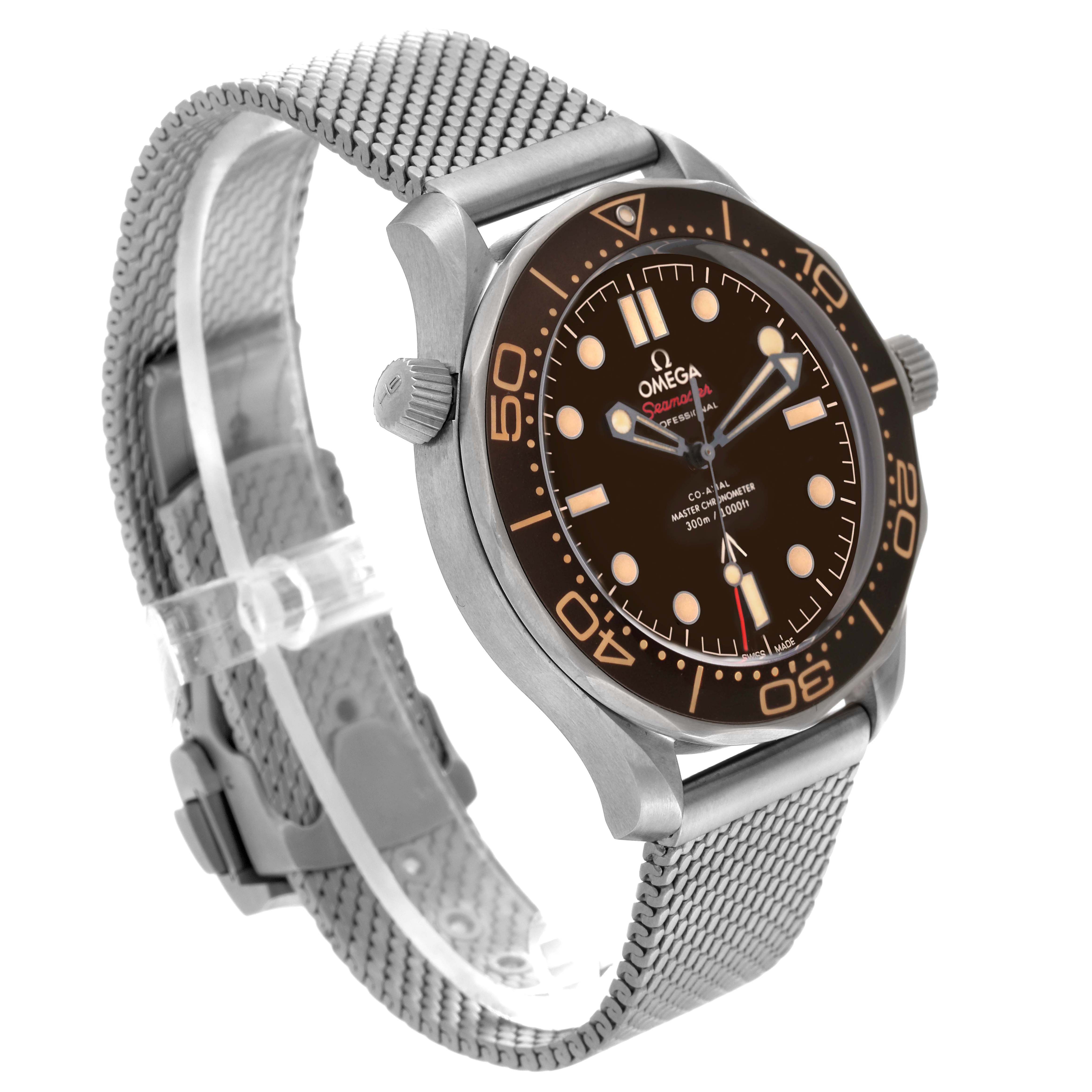 The image displays an Omega Seamaster 210.90.42.20.01.001 Men's Titanium Brown Dial 210.90.42.20.01.001 Men's Titanium Brown Dial watch at a three-quarter angle, showcasing its face, bezel, crown, and mesh strap.