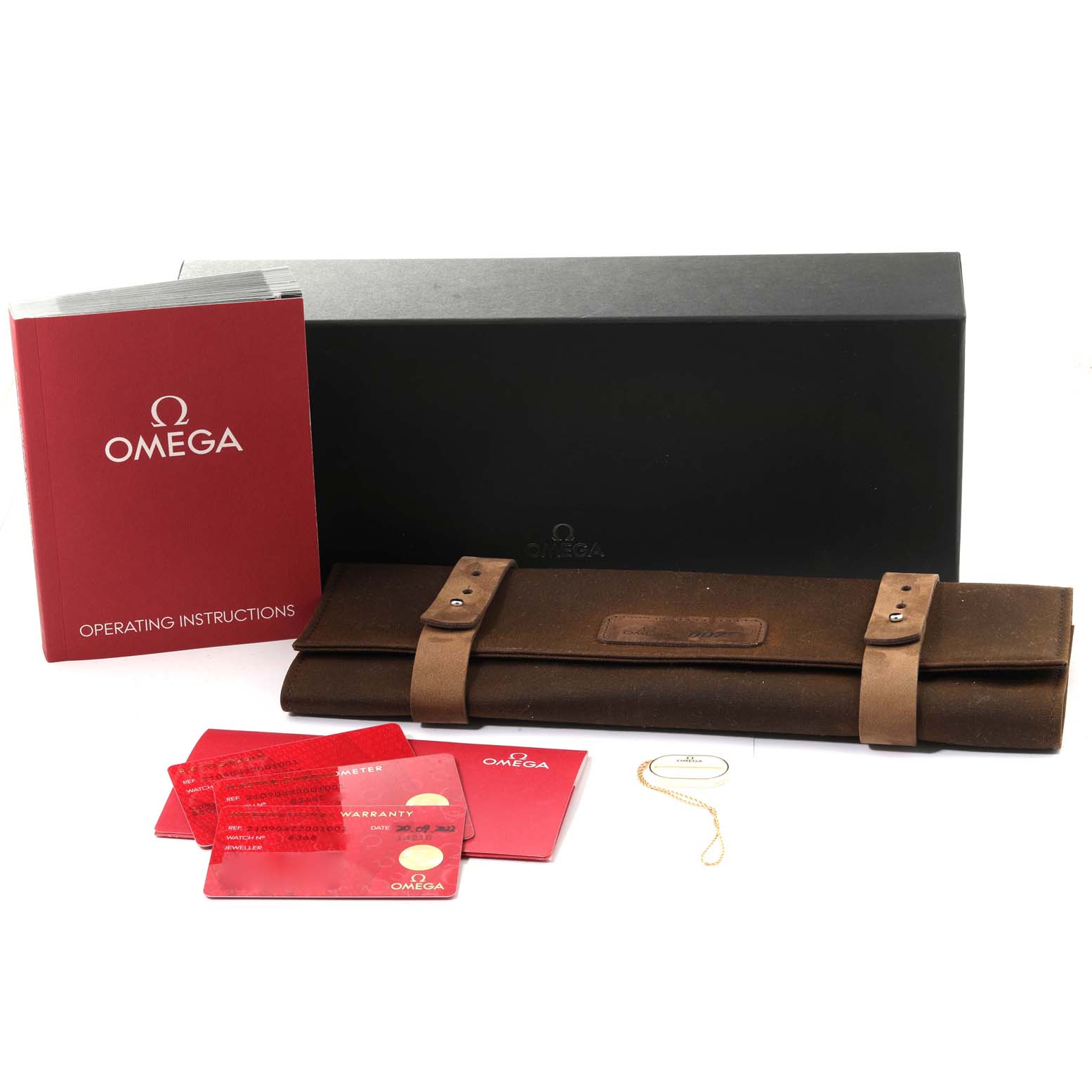 The image shows the packaging and accessories for the Omega Seamaster 210.90.42.20.01.001 Men's Titanium Brown Dial 210.90.42.20.01.001 Men's Titanium Brown Dial, including a box, instruction manual, warranty cards, and a leather pouch.