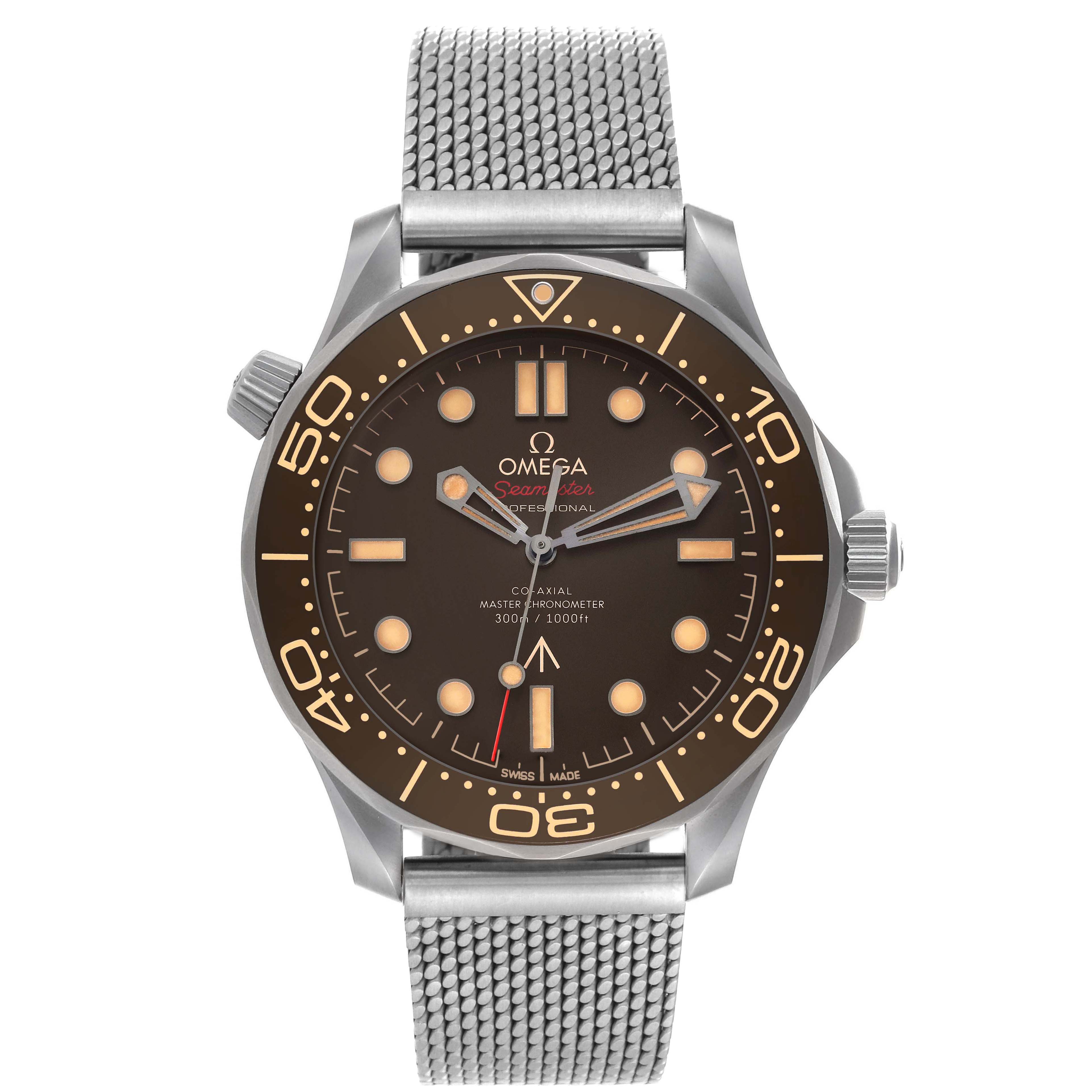 The image shows a front view of the Omega Seamaster 210.90.42.20.01.001 Men's Titanium Brown Dial 210.90.42.20.01.001 Men's Titanium Brown Dial watch, displaying its face, bezel, crown, and mesh strap.