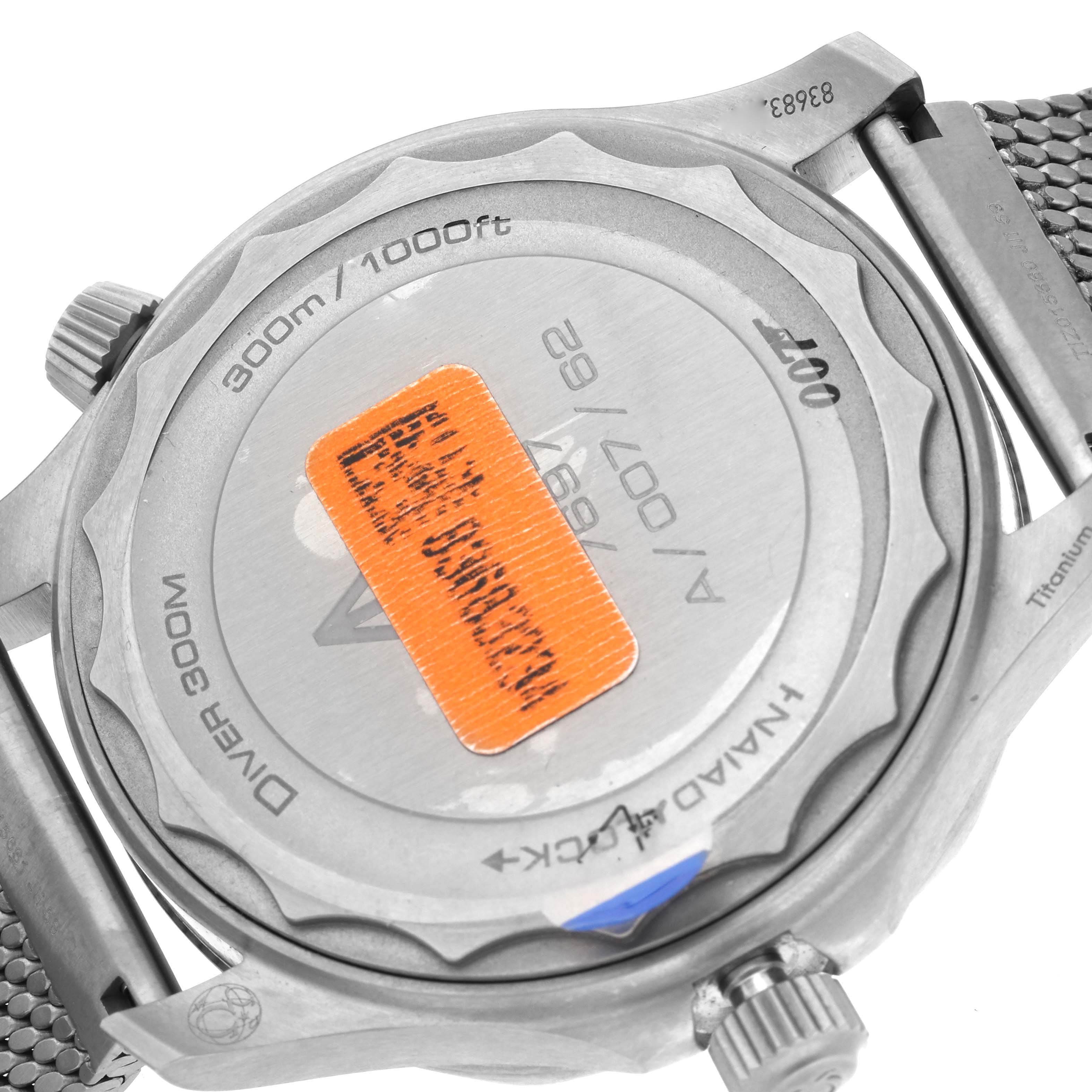 The image shows the back case of the Omega Seamaster 210.90.42.20.01.001 Men's Titanium Brown Dial 210.90.42.20.01.001 Men's Titanium Brown Dial watch, including the engravings and strap attachment points.