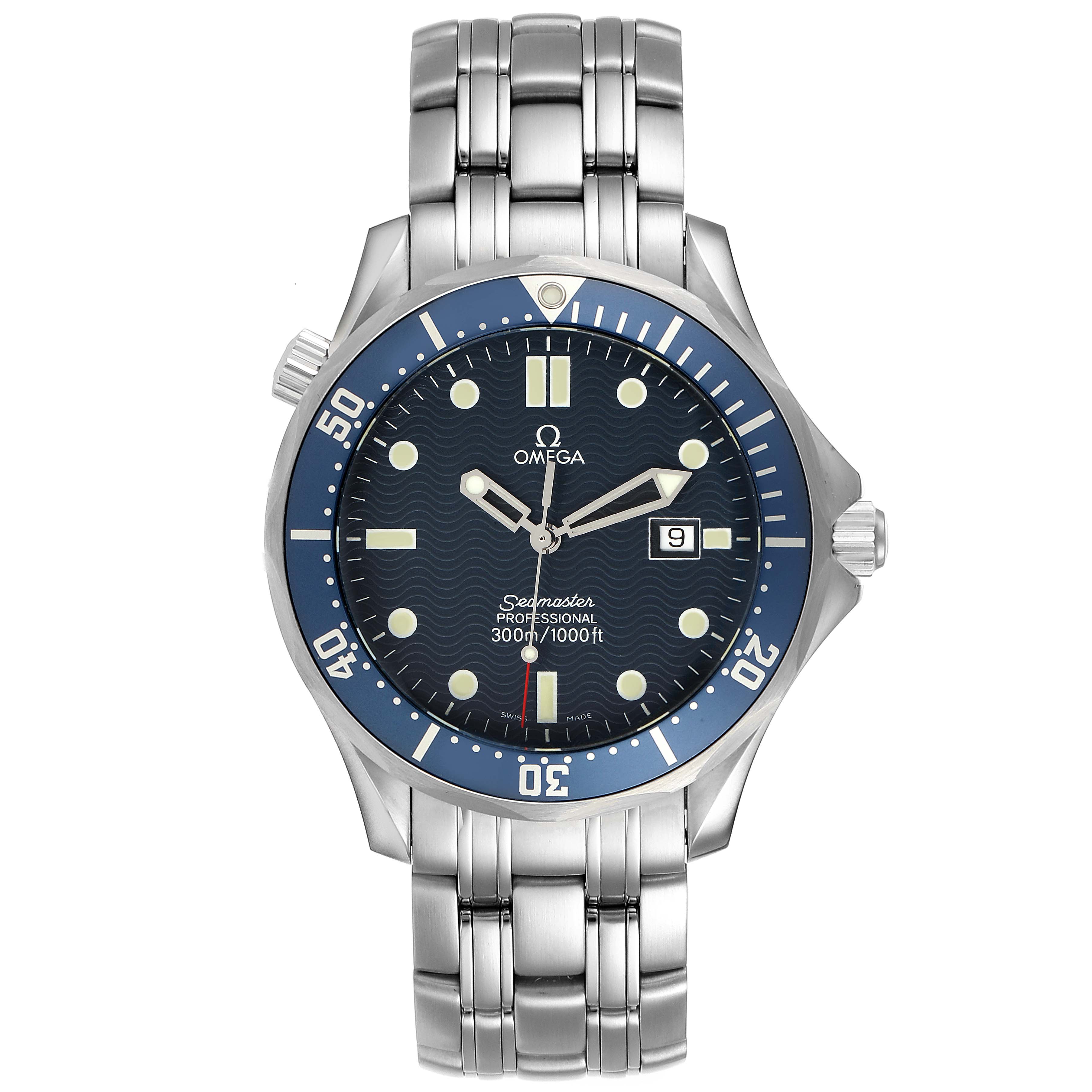 The Omega Seamaster 2541.80.00 Men
s Stainless Steel Blue Dial 2541.80.00 Men
s Stainless Steel Blue Dial watch is shown from the front, highlighting its dial, bezel, bracelet, and date window.