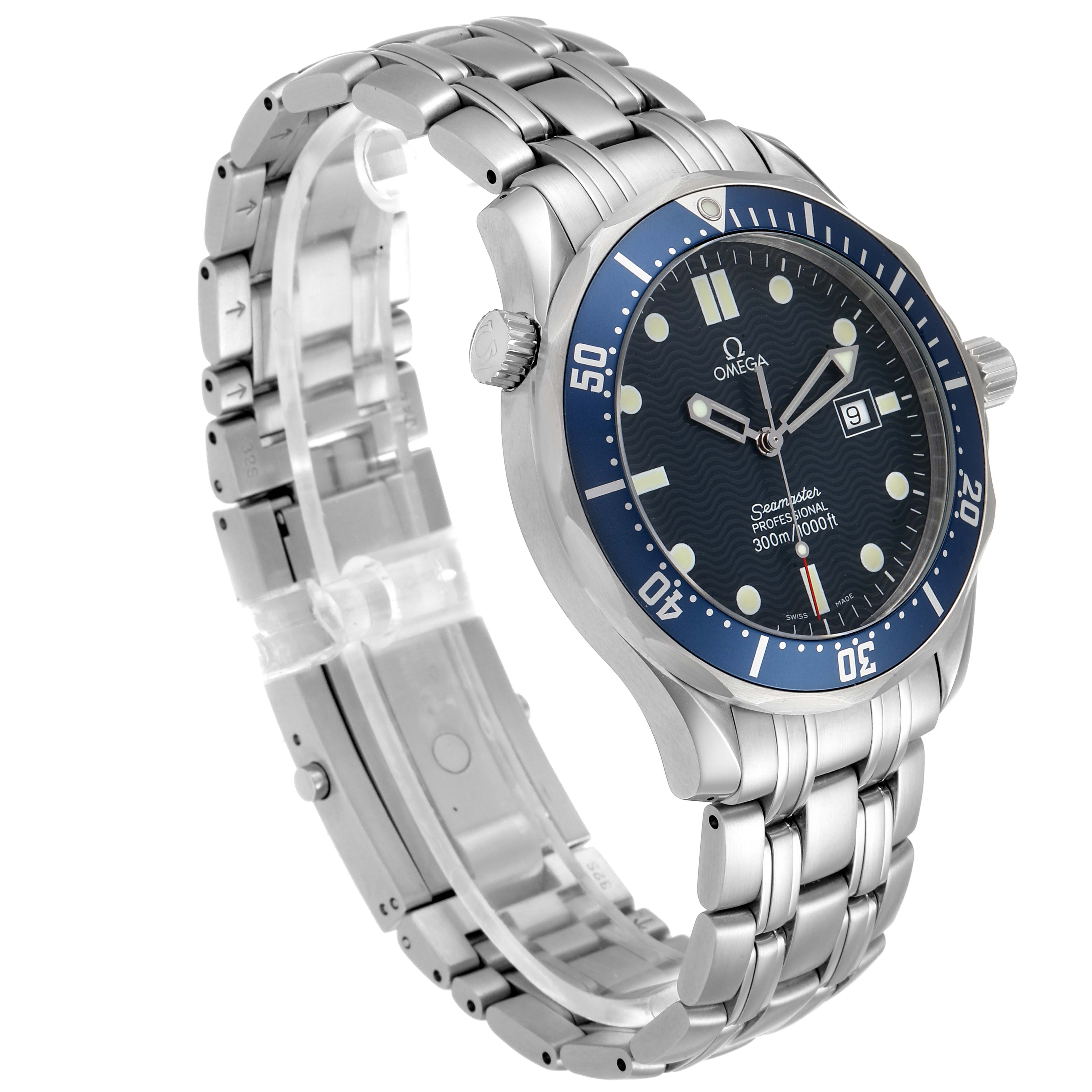 The image shows a side angle of the Omega Seamaster 2541.80.00 Men
s Stainless Steel Blue Dial 2541.80.00 Men
s Stainless Steel Blue Dial watch, highlighting its face, bezel, and metallic bracelet.