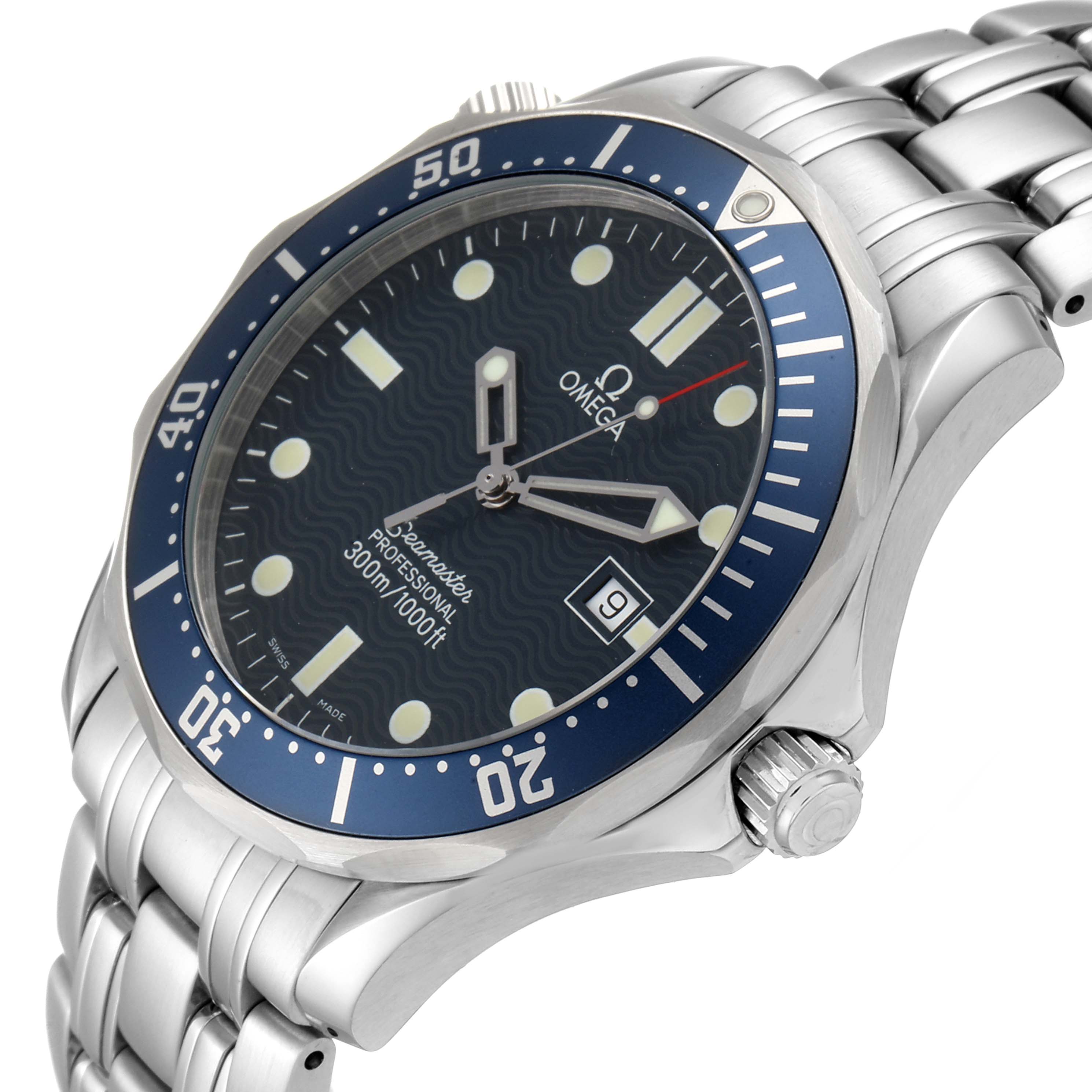 An Omega Seamaster 2541.80.00 Men
s Stainless Steel Blue Dial 2541.80.00 Men
s Stainless Steel Blue Dial watch is shown at a three-quarter angle, displaying its dial, bezel, crown, and bracelet.